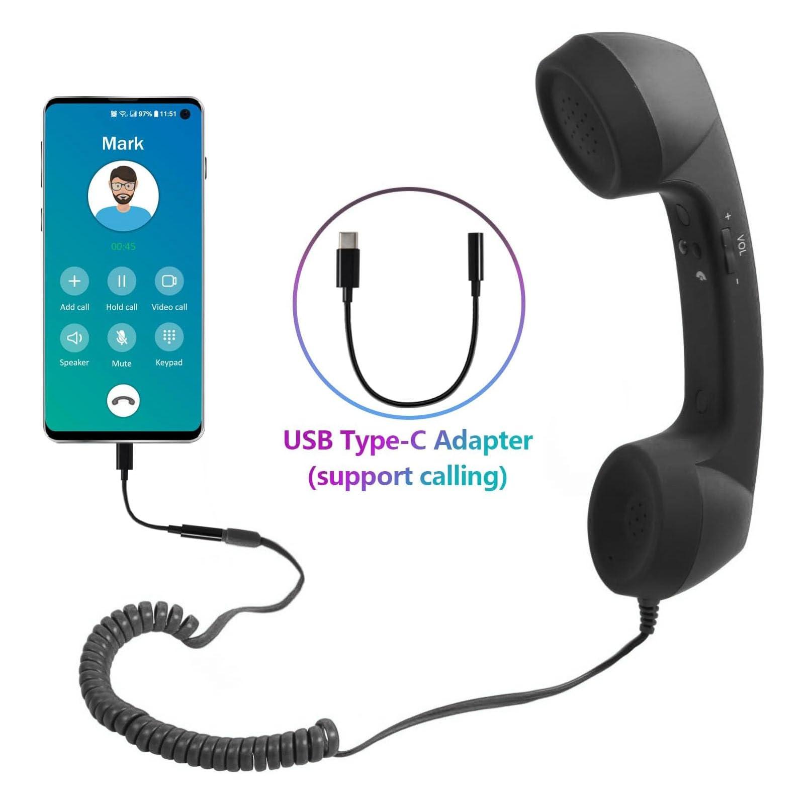 Retro 3.5mm Telephone Handset, Radiation Proof Cell Phone Receiver Mic Microphone Speaker, Vintage Phone Handset for Cellphone Smartphone,with USB C (Black) - Image 3