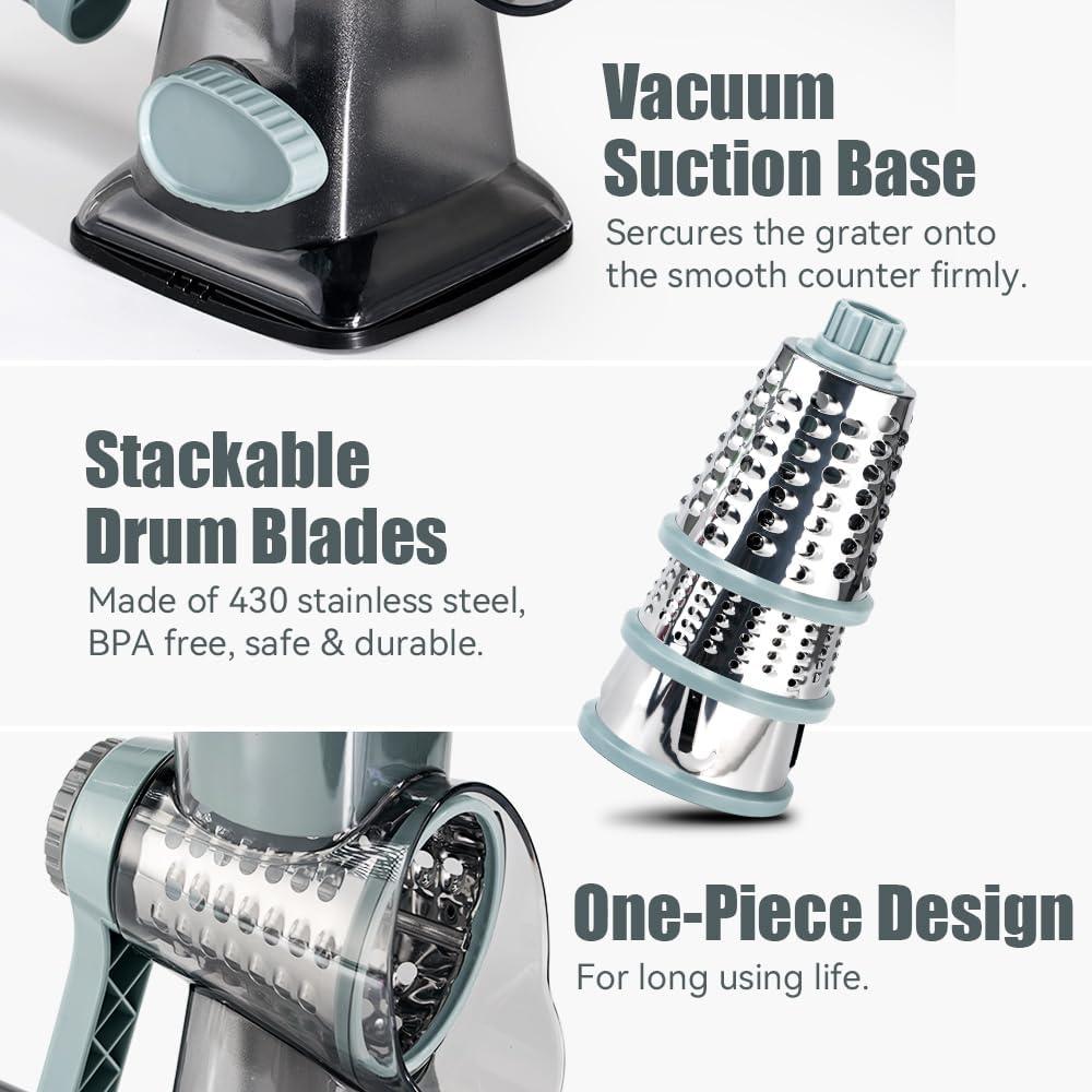 KEOUKE Rotary Cheese Grater Hand Crank Cheese Shredder Vegetable Mandoline Slicer for Kitchen 3 Changeable Blades for Cheese Potato Zucchini Nuts Chocolate - GreyBlue - Image 6