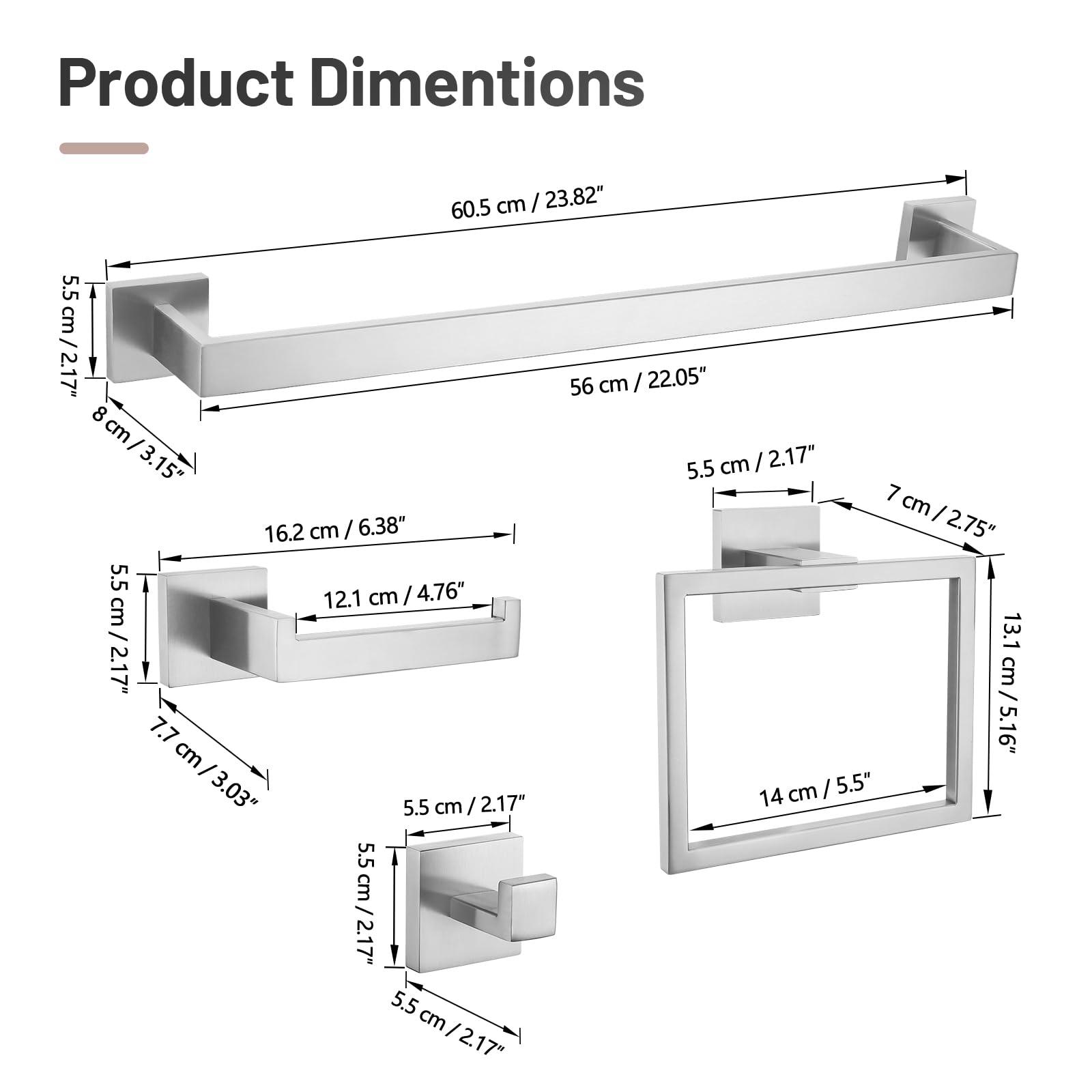 YACVCL 5 Pieces Bathroom Hardware Set, Brushed Nickel Bathroom Accessories, Bathroom Towel Bar Set, 23.6 Inch Towel Bar for Bathroom, Stainless Steel Bathroom Holder Set, Wall Mounted - Image 3