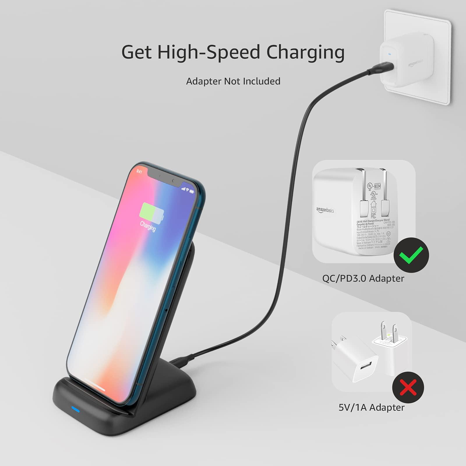 Amazon Basics 10W Qi Certified Wireless Charging Stand, for Phone 16/15/14/13/12/11/X, Samsung, and More, with USB Cable (No AC Adapter), Black - Image 3