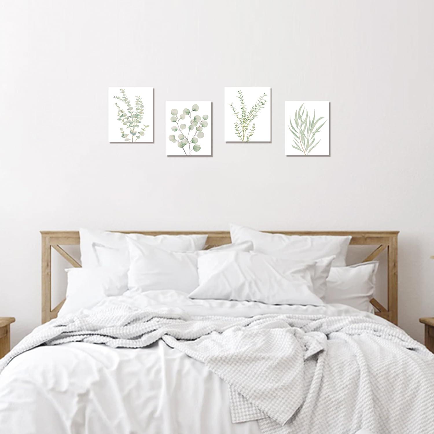 Erctoo Botanical Plant Canvas Wall Art, Framed Boho Wall Decor for Bathroom, Minimalist Aesthetic Bedroom Wall Art, Sage Green Eucalyptus Leaf Prints for Office, Set of 4PCS, 8”X10” - Image 4