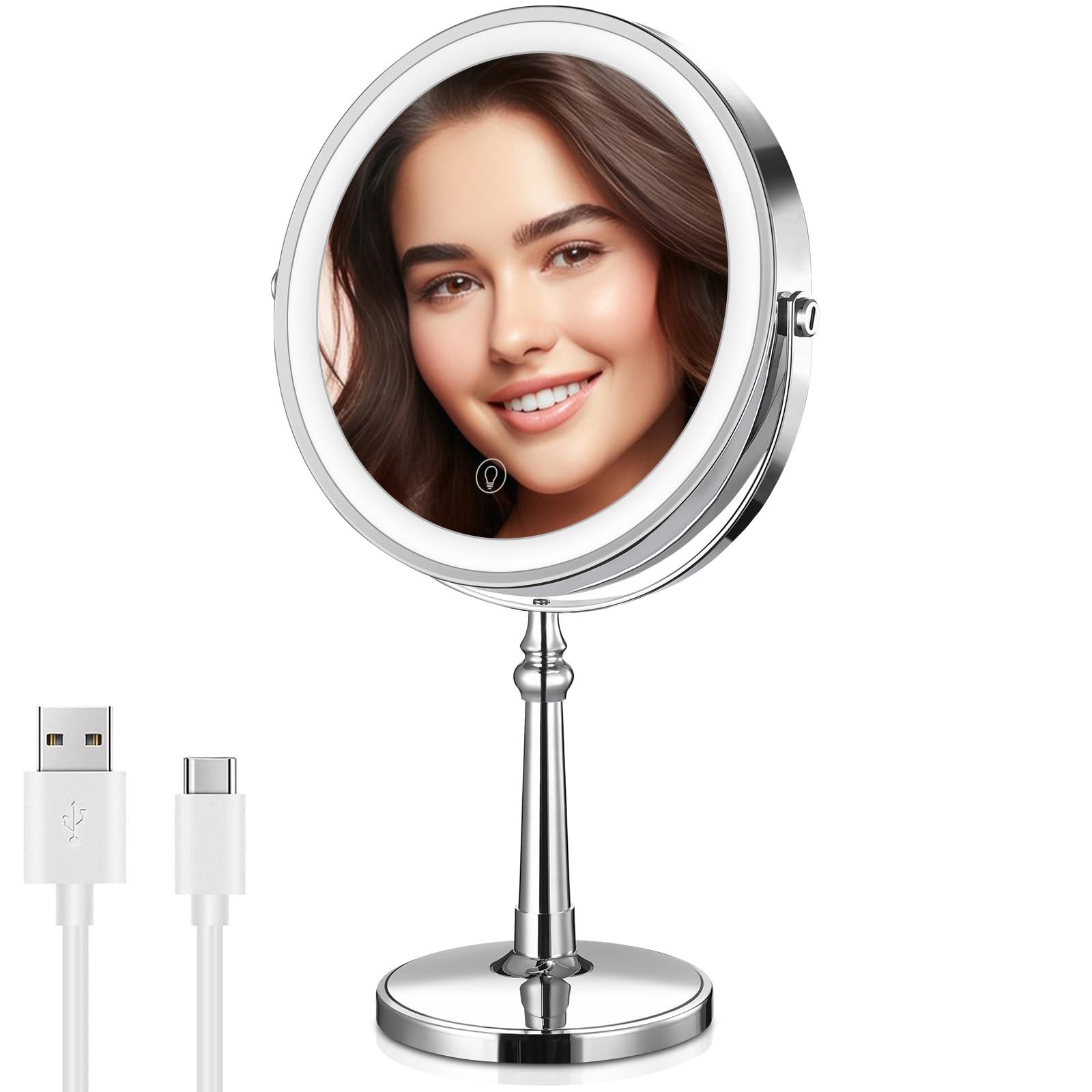 BRIGHTINWD 9" Large Lighted Makeup Mirror, 1X/10X Magnifying Mirror with Lights, 360 Rotate Touch Screen Vanity Light up Mirror with 3 Color Lights, Brightness Adjustable
