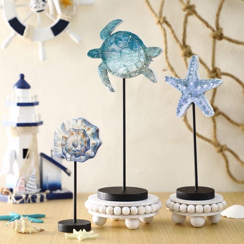 Maitys 3 Pcs Summer Ocean Tabletop Decor Standing Sea Turtle Lemon Ladybug Easter Bunny Block Wooden Table Centerpiece Sign Coastal Beach Nautical Table Decor for Home Kitchen(Ocean) - Image 2