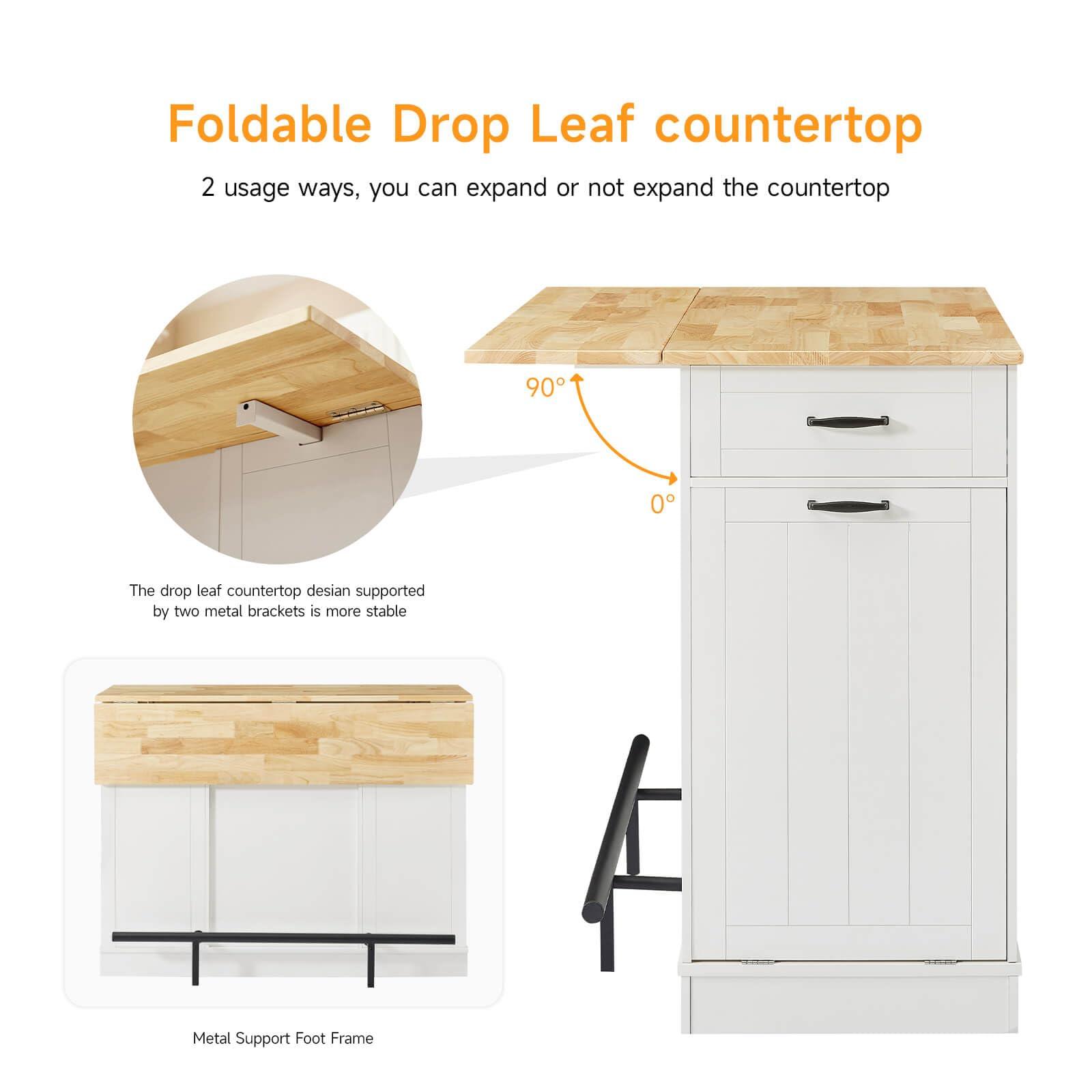 ONBRILL Stationary Kitchen Islands Include 2 Chairs, 47" Kitchen Island with Drop Leaf, Home Bar Table with Spice Rack & with Trash Cabinet, Island Table for Dining Room with Power Outlet, White - Image 5