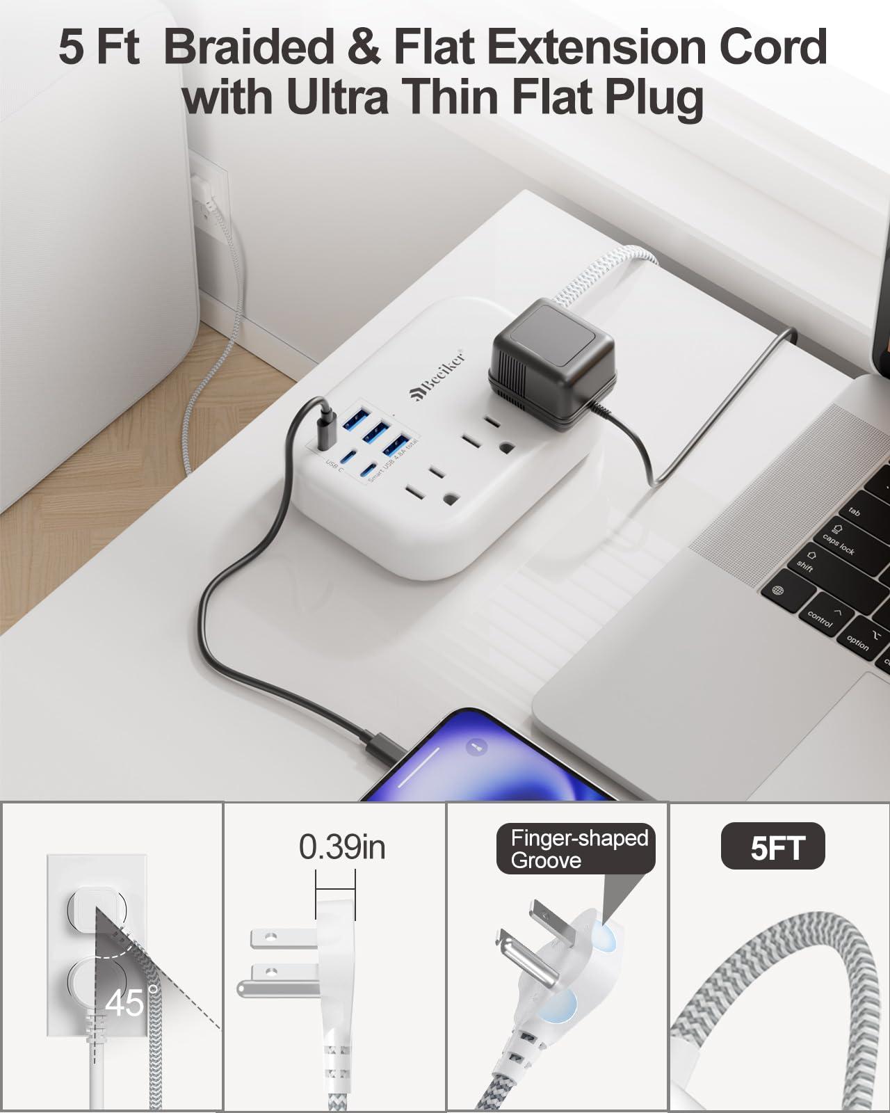 6 USB(3 USB C) Power Strip- Travel Power Strip with 6 USB Desktop Charging Station 24W/4.8A and 3 Outlets, 5Ft Flat Plug Braided Extension Cord, Non Surge Protector for Cruise Ship Travel Office Dorm - Image 5