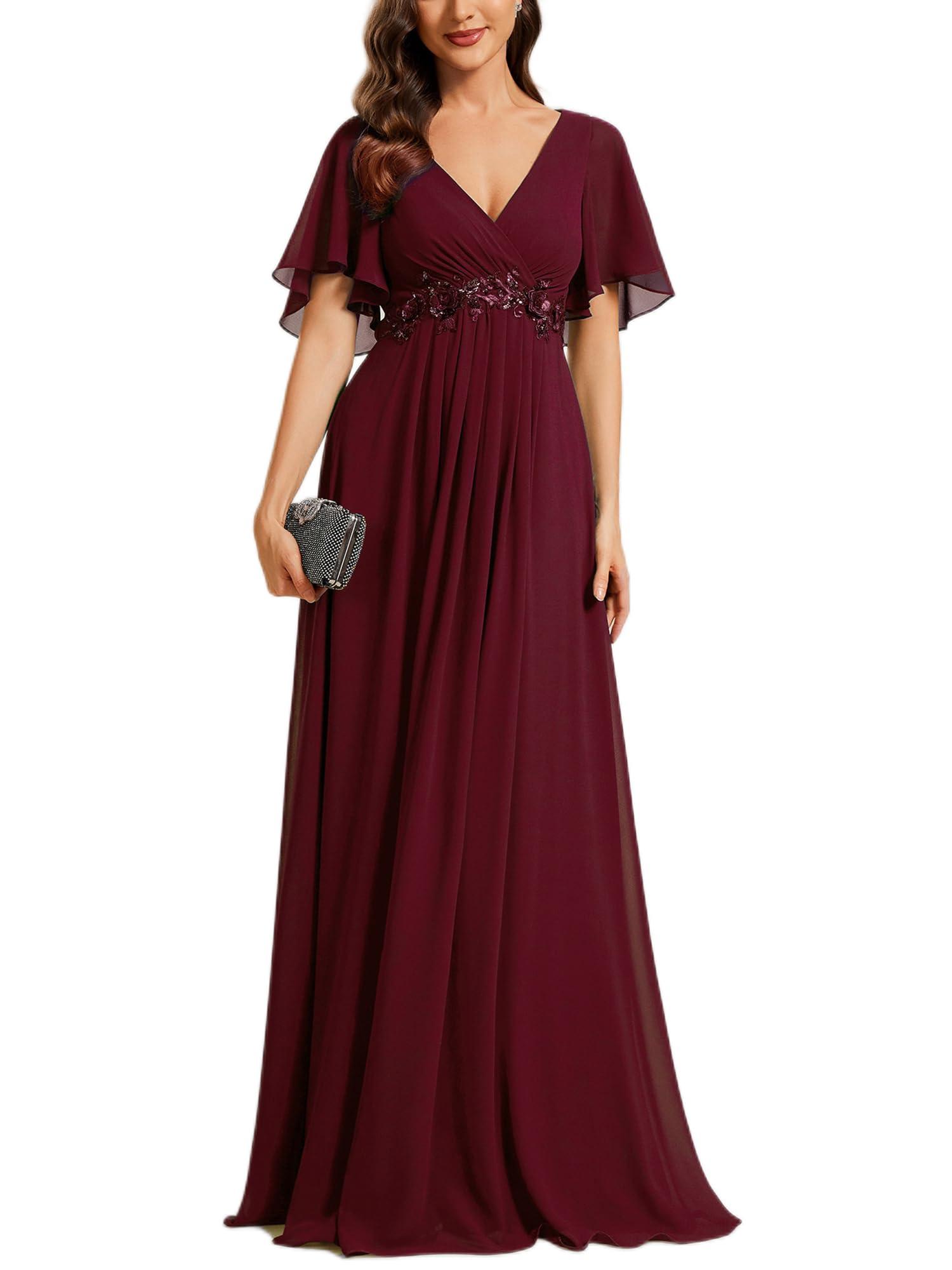 Ever-Pretty Women's Chiffon A-Line Ruched Short Sleeves Applique Waist V Neck Formal Dresses and Evening Gowns