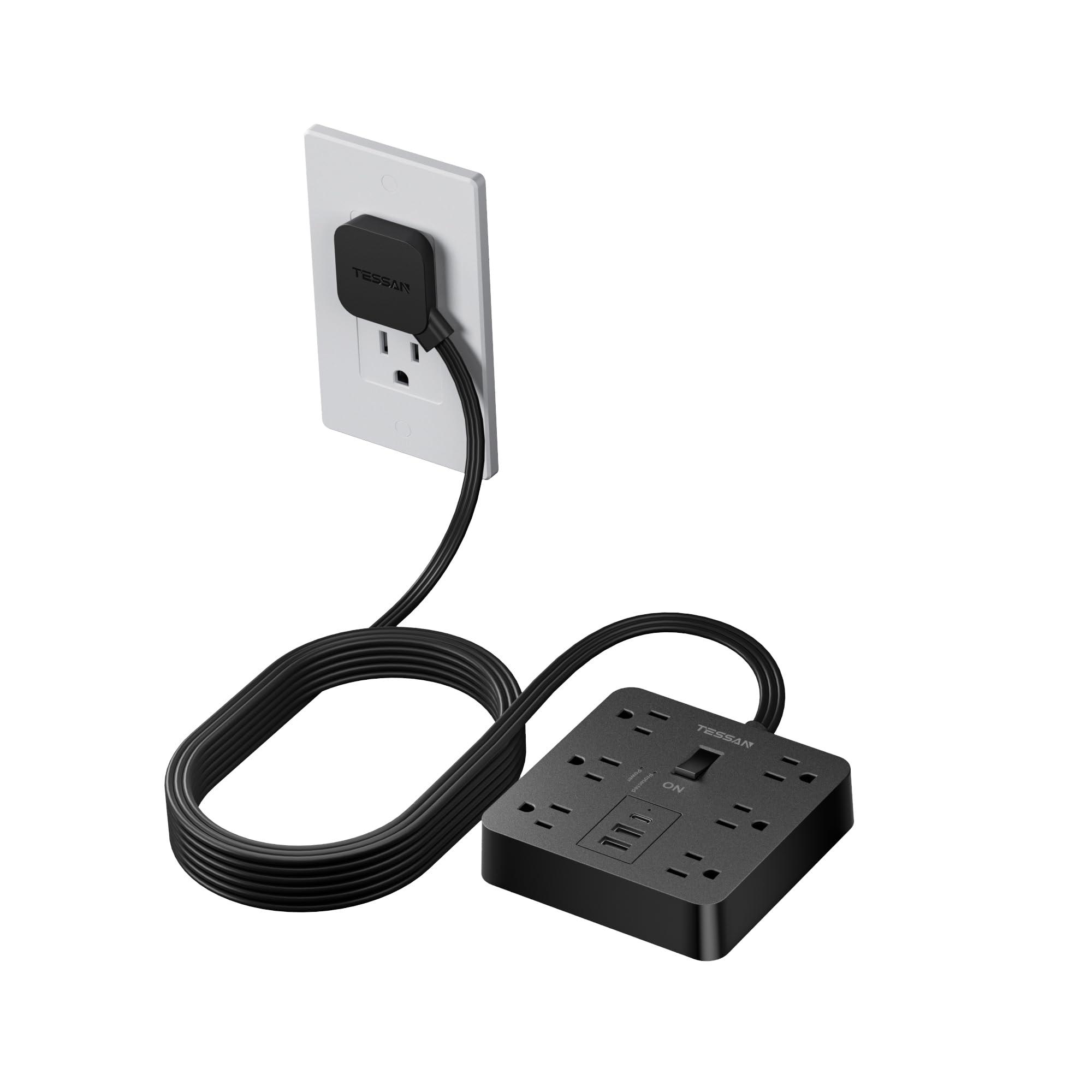 Black Surge Protector Power Strip, TESSAN Flat Plug Extension Cord 5 FT with 6 Outlets 3 USB Charger (1 USB C), 1700J Protection Multiple Outlets Charging Station for Home, Office, College Dorm Room
