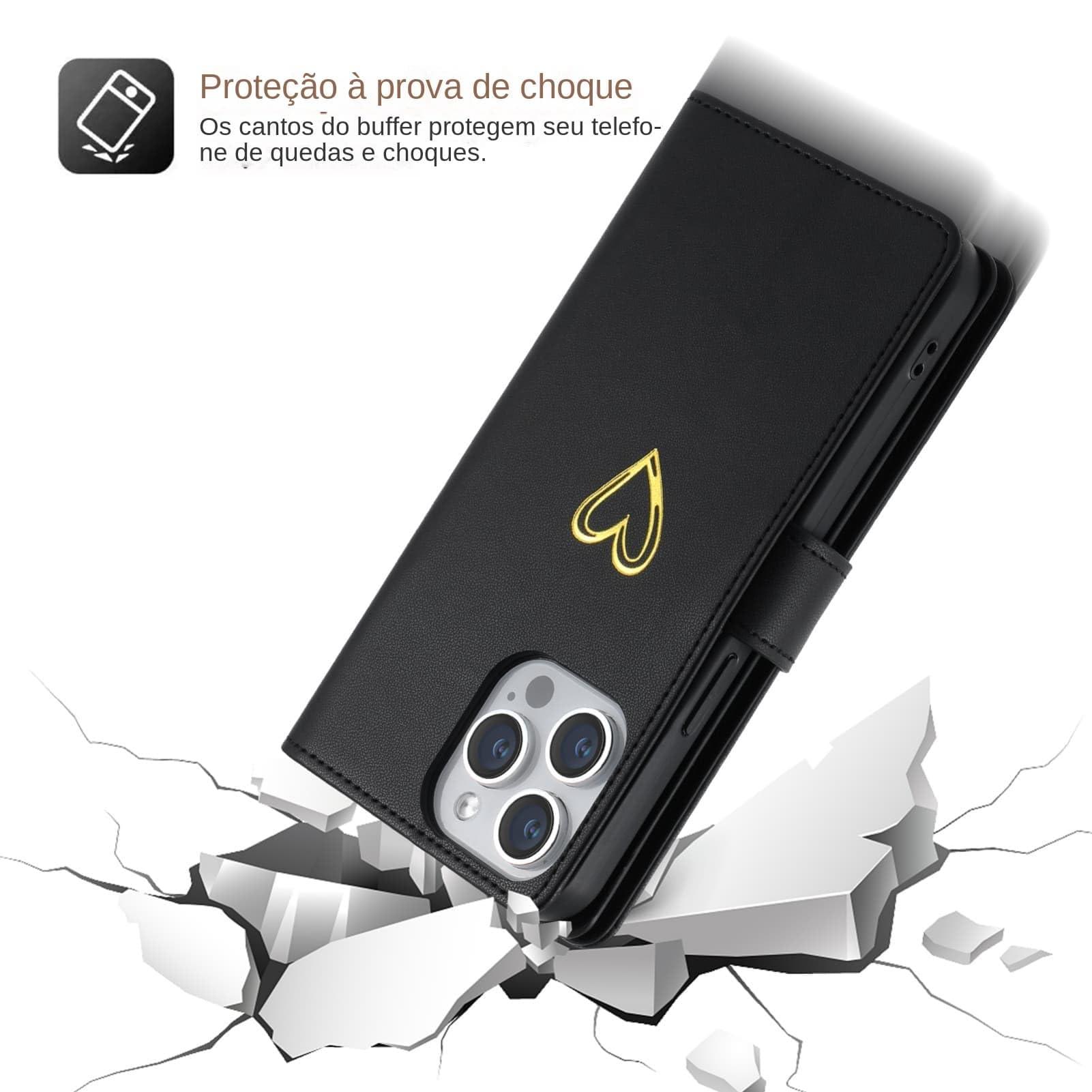 for iPhone 16 Pro Max Phone Case Leather Wallet Pocket Folio Flip Cover Kickstand, 3 Layer Multi Card Holder Cash Slot Photo Bag, Golden Love Zipper Puller + Magnetic Buckle, Wrist Strap - Image 6