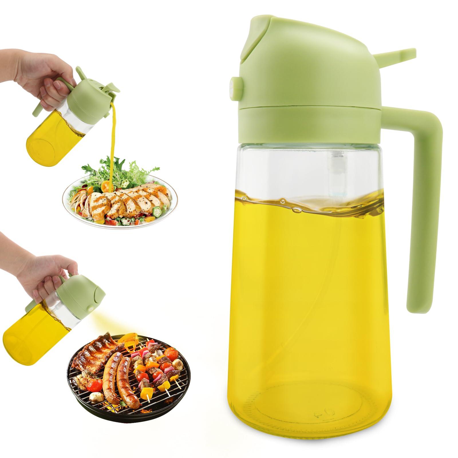 Miruchertter Glass Olive Oil Dispenser Bottle 2 in 1 Oil Dispenser and Oil Sprayer with Pourer Food-grade Oil Dispenser for Kitchen Cooking Oil Sprayer for Barbecue, Salad, Frying (Green, 16oz/470ml)