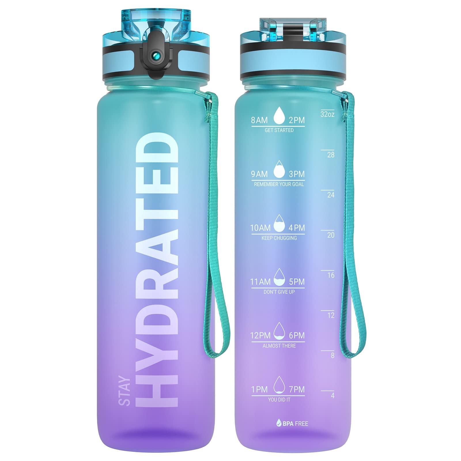 Sahara Sailor Water Bottle 32oz, Durable and Leakproof Water Bottles Motivational with Time Marker, Tritan, BPA Free, Wide Mouth with Easy Clean Brush for Gym, Travel, Home, School, Office (1 Bottle)