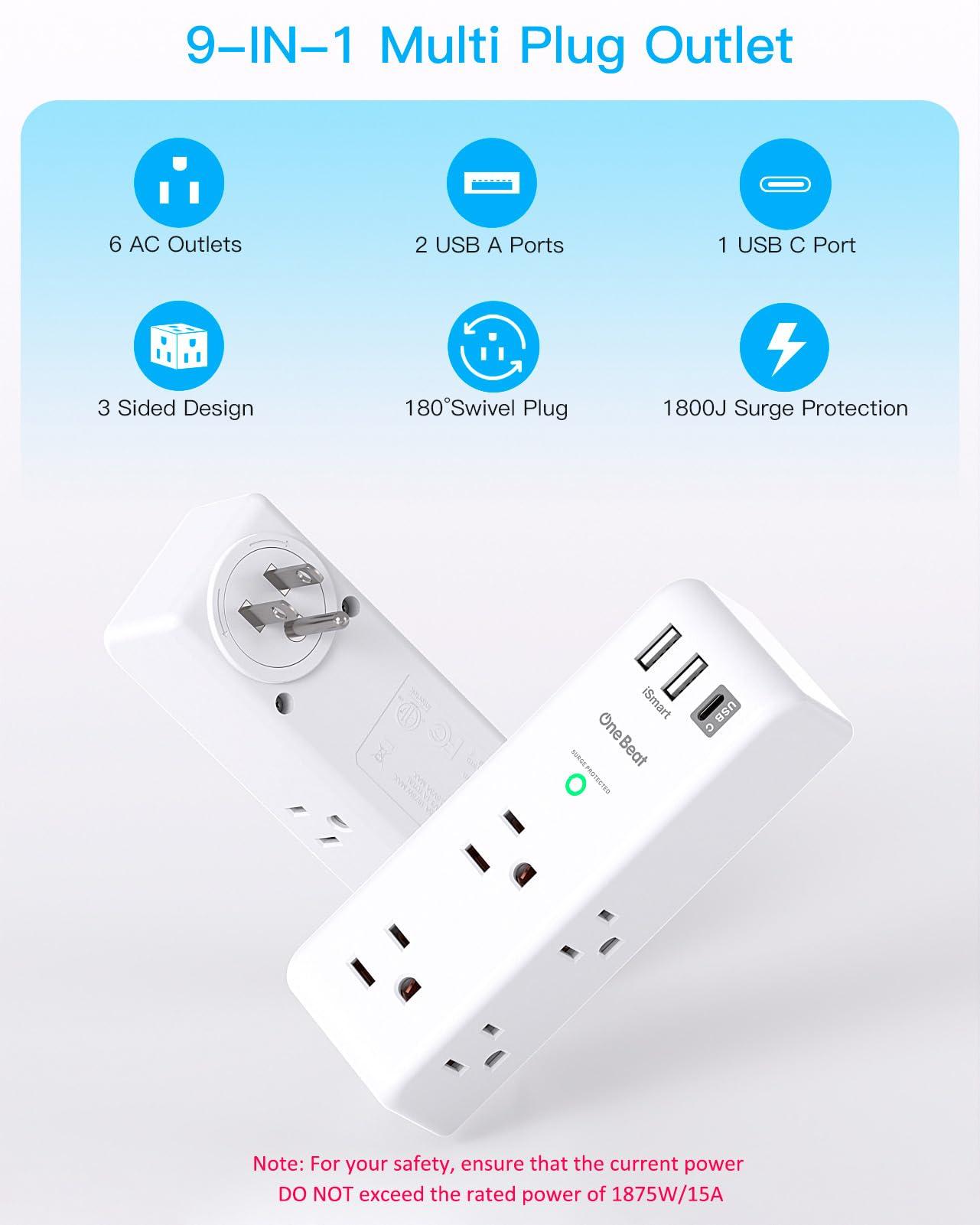 Surge Protector Outlet Extender with Rotating Plug - One Beat 6 AC Multi Plug Outlet with 3 USB Ports (1 USB C), 1800J Wall Charger, 3-Sided Power Strip Spaced Outlet Splitter for Home Office Travel - Image 4