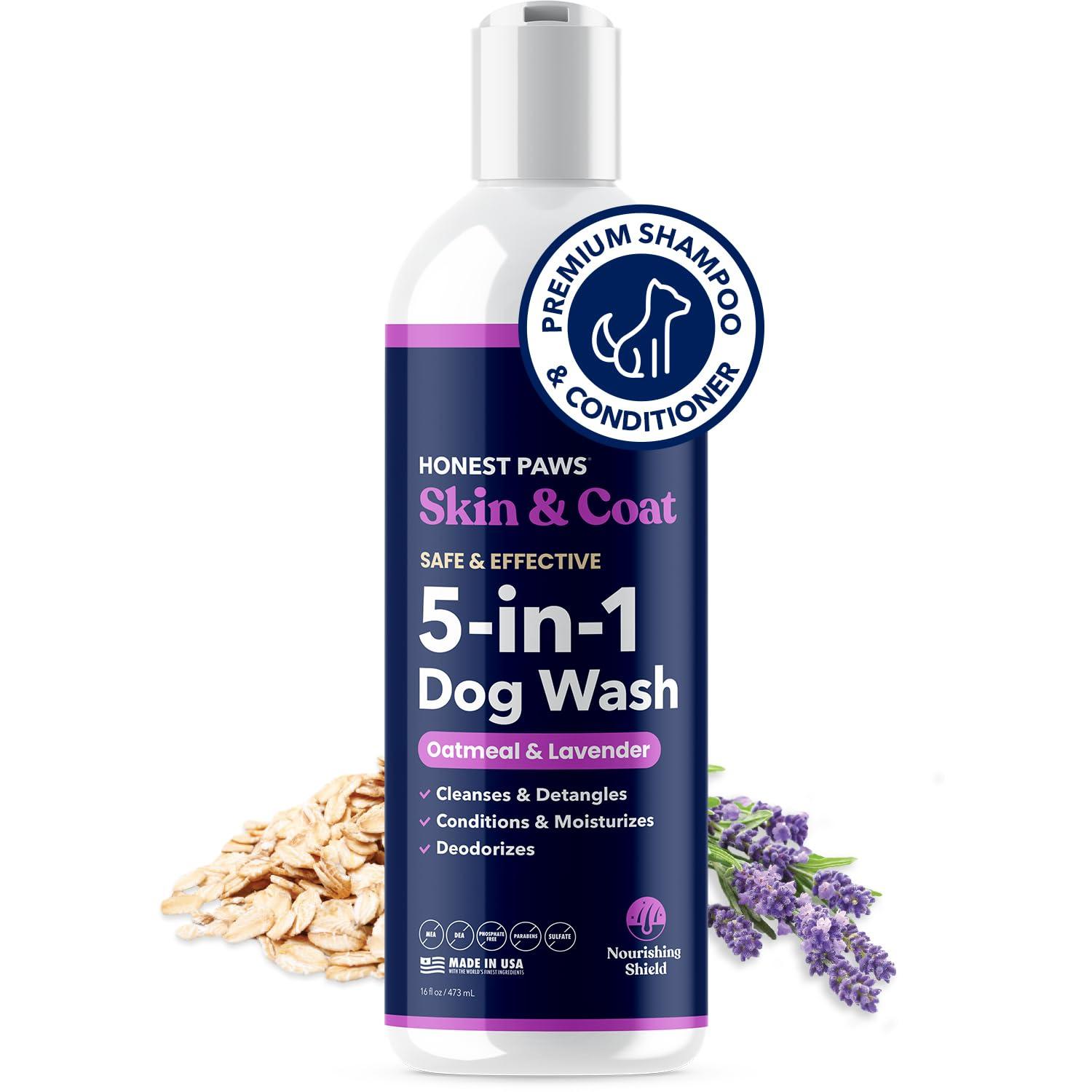 Honest Paws Dog Shampoo and Conditioner - Premium Dog Wash for Allergies and Dry, Itchy, Moisturizing for Sensitive Skin - Sulfate Free, Plant Based, All Natural - Oatmeal & Lavender - 16 Fl Oz