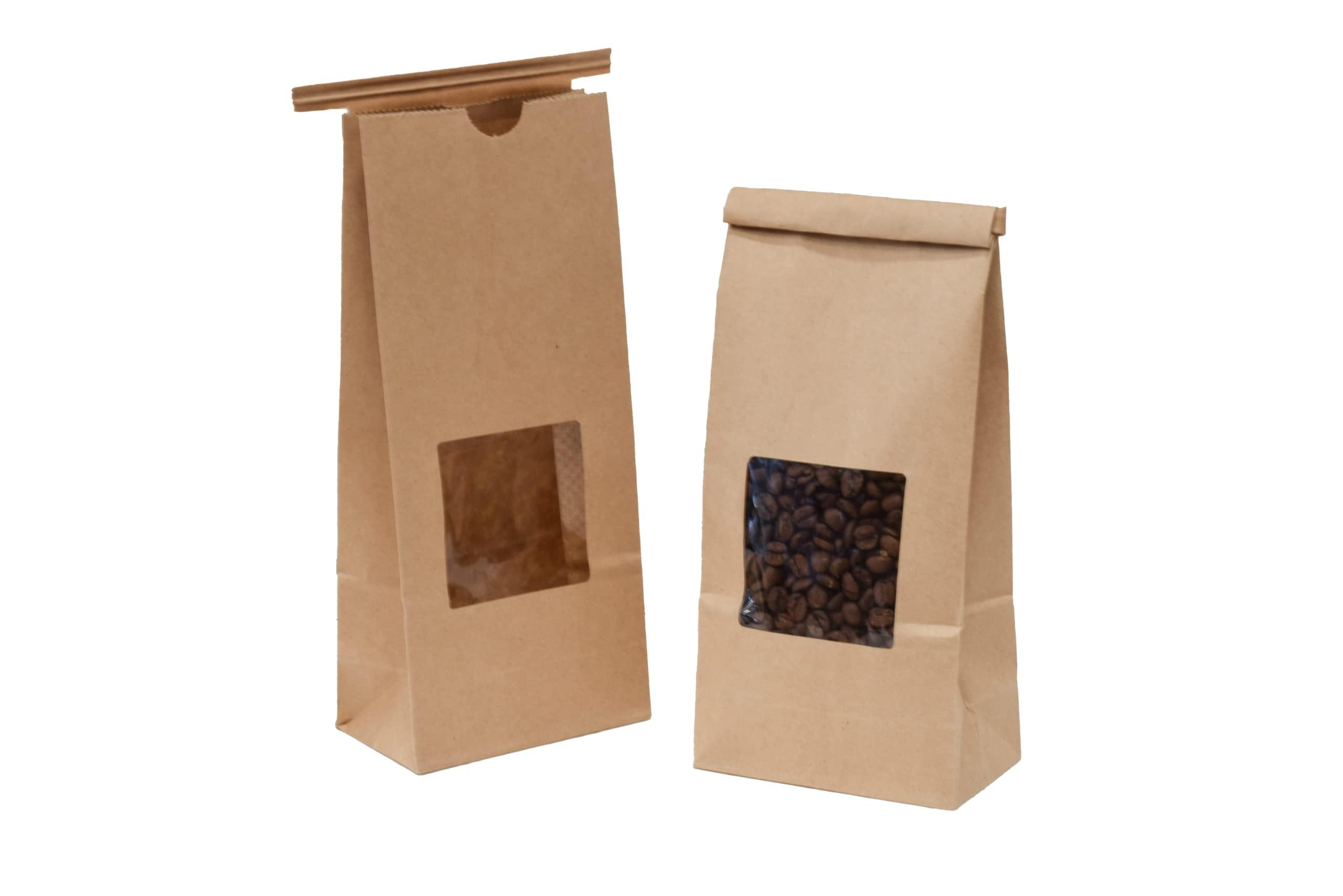 1 Pound Kraft Paper Tin Tie Coffee/Tea Bags With Window - Great for Pastries, Candy, and Bakery Packaging (100)