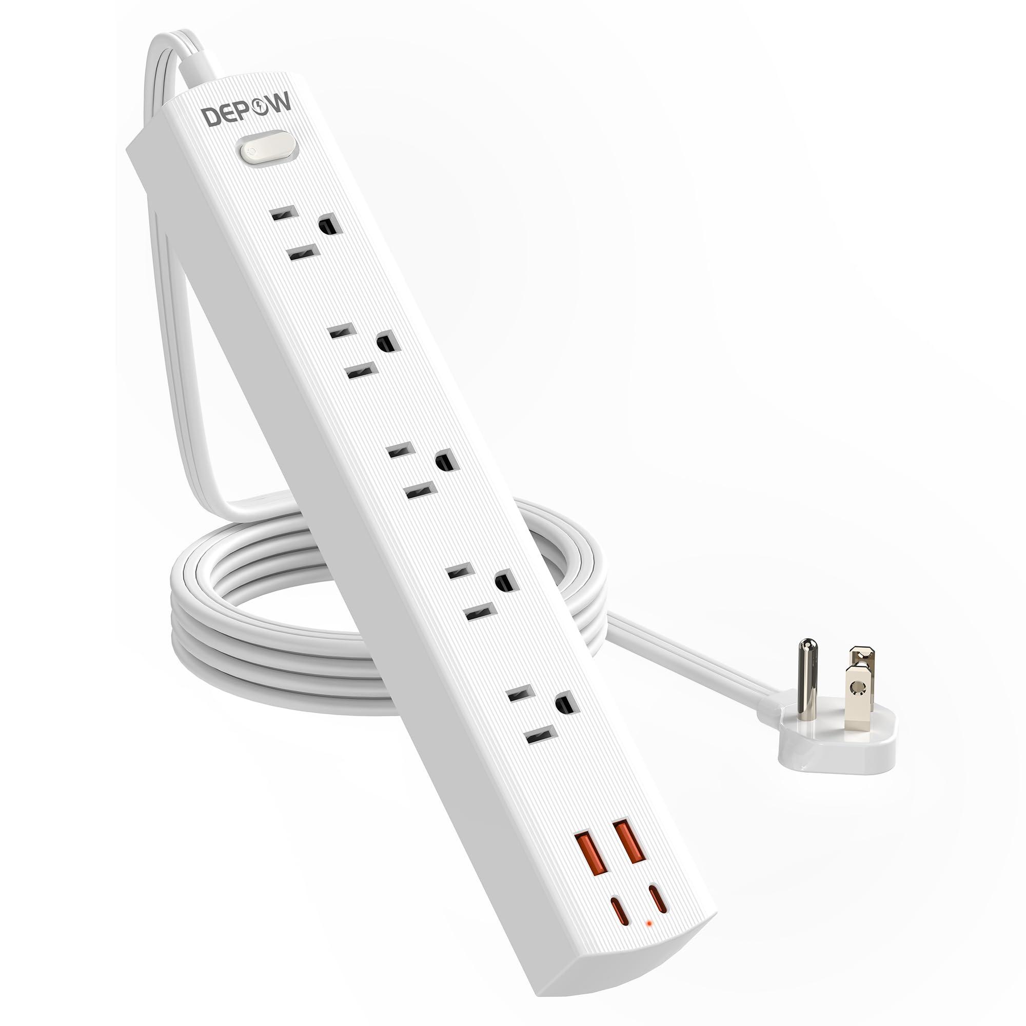 DEPOW Power Strip Surge Protector with 5 AC Outlets(1875W/15A) 4 USB Ports (2 USB C), 5 Ft Ultra Thin Extension Cord, Low Profile Flat Plug, 1700 Joules, Wall Mount for Home Office, White
