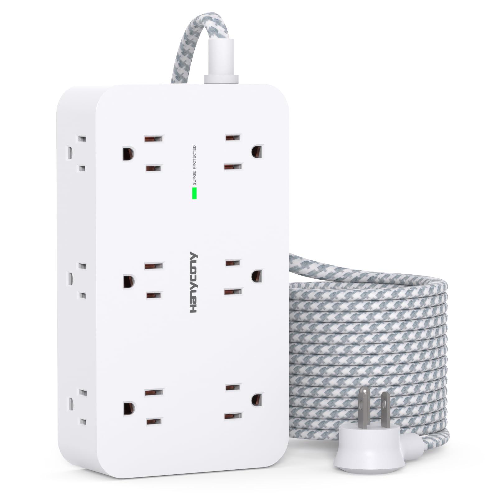 Extension Cord 15 Ft, HANYCONY Power Strip Surge Protector 12 Outlets 4 USB Ports (2 USB C), Large Desk Power Strip with Long Cord, Flat Plug, Wall Mount for Office Home College Dorm Room Essentials