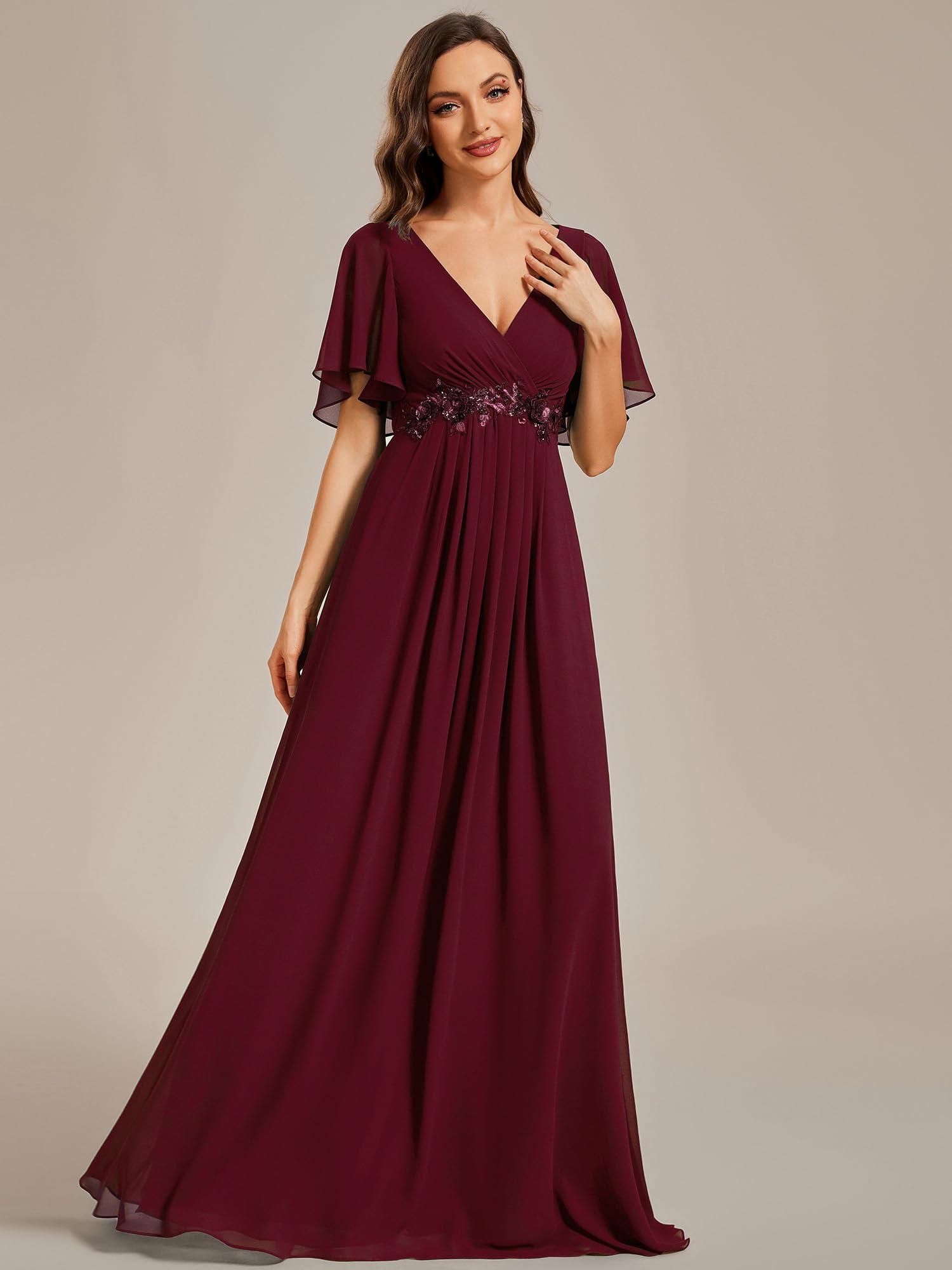Ever-Pretty Women's Chiffon A-Line Ruched Short Sleeves Applique Waist V Neck Formal Dresses and Evening Gowns - Image 3