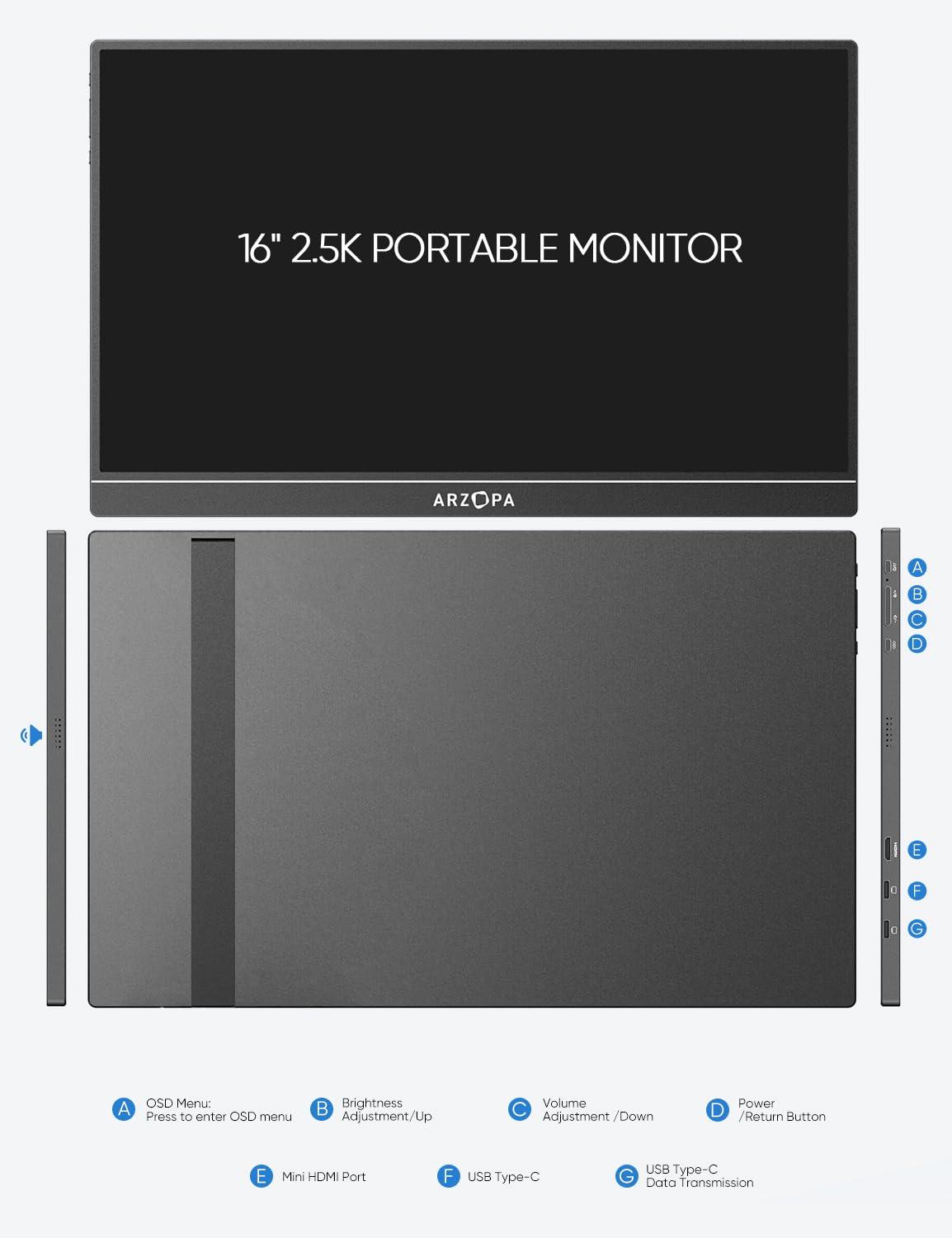 ARZOPA Z1RC 16" Portable Monitor IPS Display, External Second Screen, for Mac Laptop Phone PS4/5 Xbox Switch, 2.5K, 2560x1600, QHD, USB-C, HDMI, Built-in Stand, Eye Care, 123% sRGB - Image 4