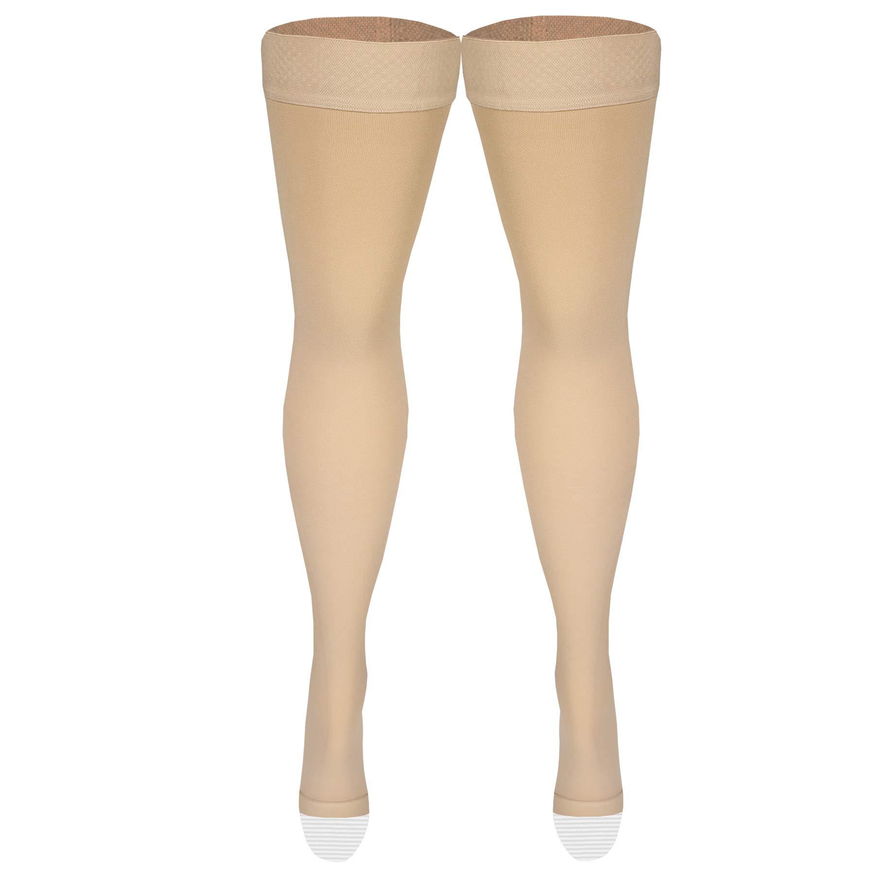 Amazon Basic Care Medical Compression Stockings, 20-30 mmHg Support, Women & Men Thigh Length Hose, Open Toe, Beige - Image 4