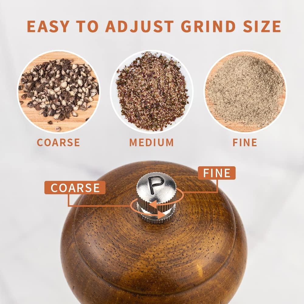 XWXO Wood Salt and Pepper Grinder Set, Salt Mill Pepper Grinder Set, Pepper Mill, Salt Shakers with Adjustable Ceramic Rotor- Oak Wood Pepper Grinder for Your Kitchen 8 inches - Pack of 2 - Image 5