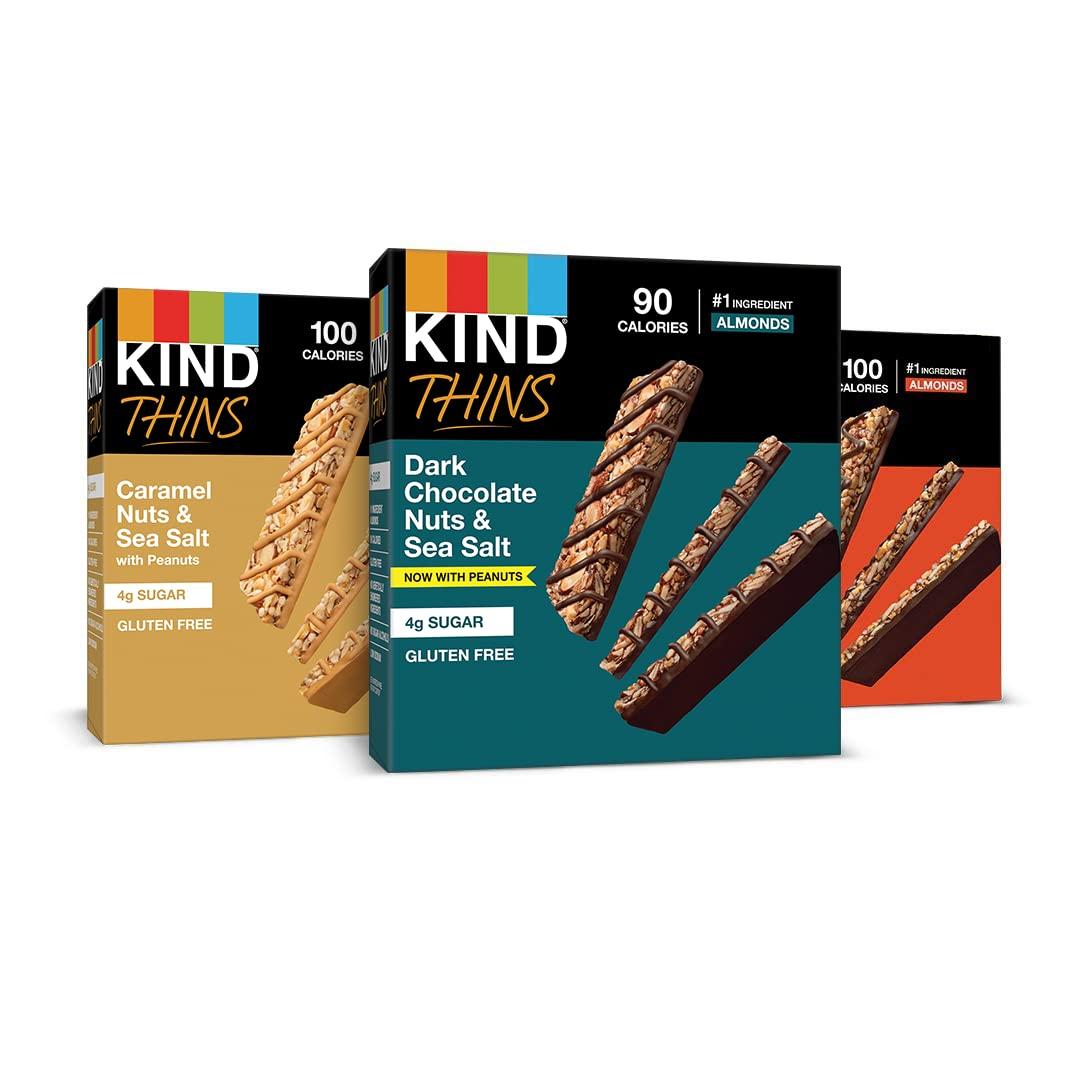 KIND Thins Snack Bar, Variety Pack, Dark Chocolate Nuts & Sea Salt, Caramel Nuts & Sea Salt and Peanut Butter Dark Chocolate, Low Calorie Snacks, Gluten Free, Low Sugar, 2-3g Protein, 30 Count