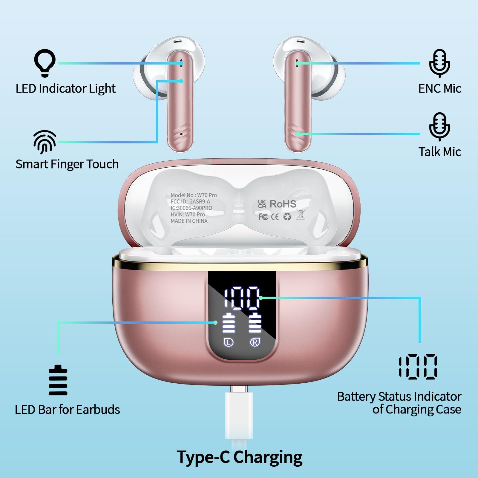Wireless Earbuds Bluetooth, In Ear Headphones Bluetooth 5.4 Stereo Deep Bass, Ear Buds with Noise Cancelling Mic, 38H Playtime with LED Display, IPX7 Waterproof, Earphones for Android iOS, Rose Gold - Image 4