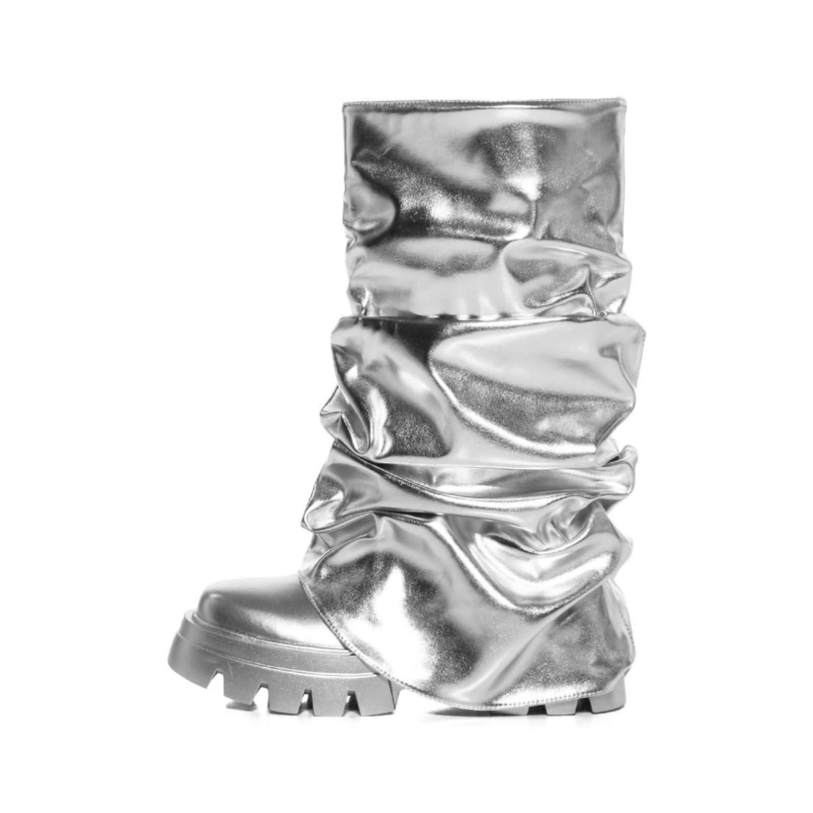 sexytag Women's Metallic Boots Slouchy Foldover Platform Round Toe Western Pull-On Fashion Boots