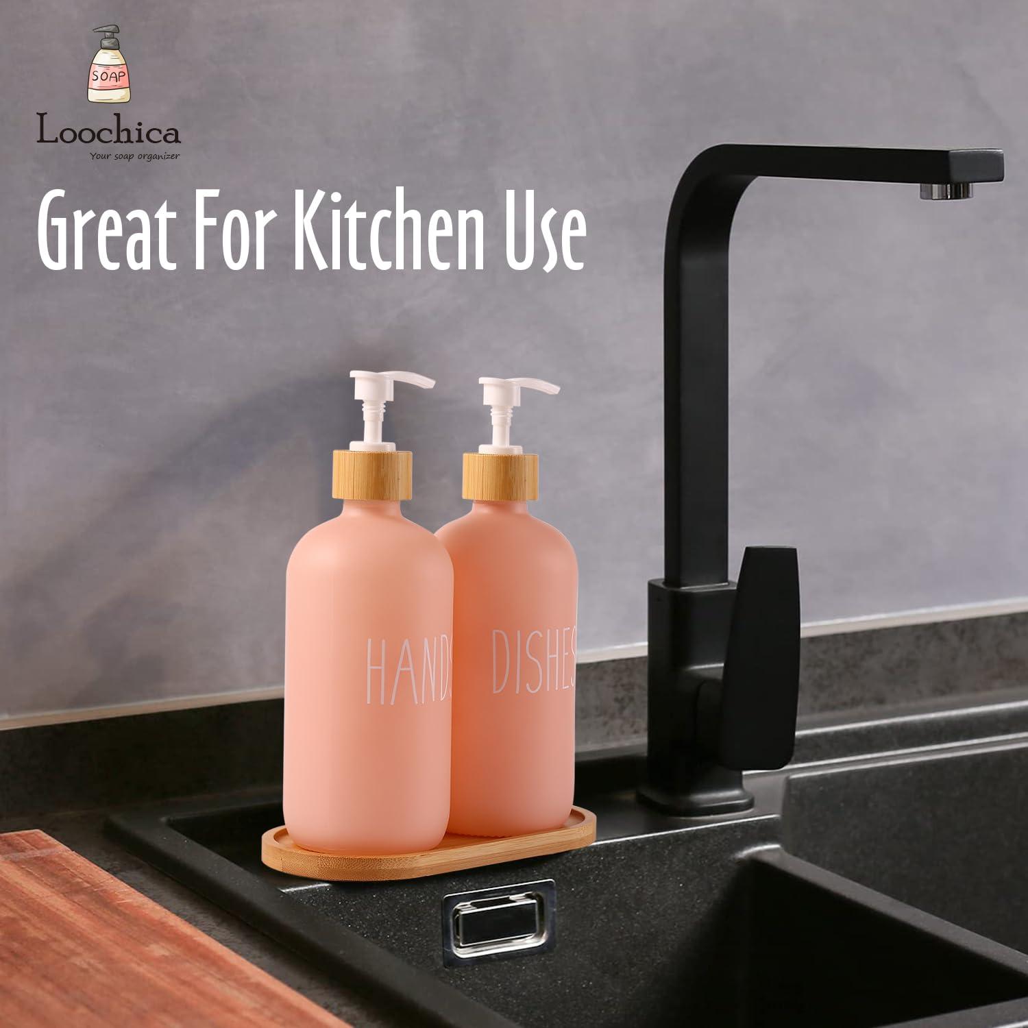 Loochica 2 Pack Blush Pink Glass Soap Dispenser Set with Tray, Hand and Dish Glass Soap Dispensers for Kitchen Sink, Kitchen Soap Dispenser Set Suitable for Kitchen Decor - Image 6