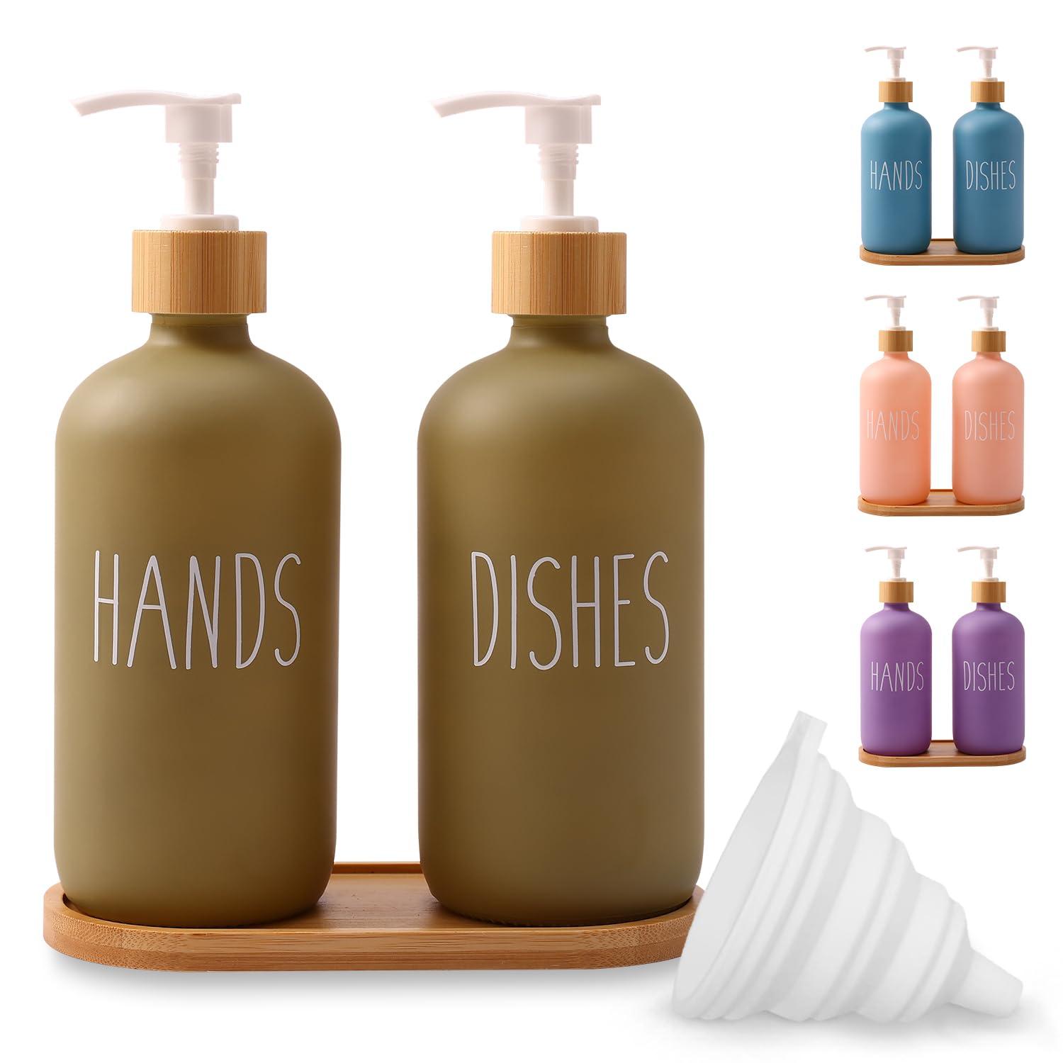 Loochica 2 Pack Sage Green Glass Soap Dispenser Set with Tray, Hand and Dish Glass Soap Dispensers for Kitchen Sink, Kitchen Soap Dispenser Set Suitable for Kitchen Décor