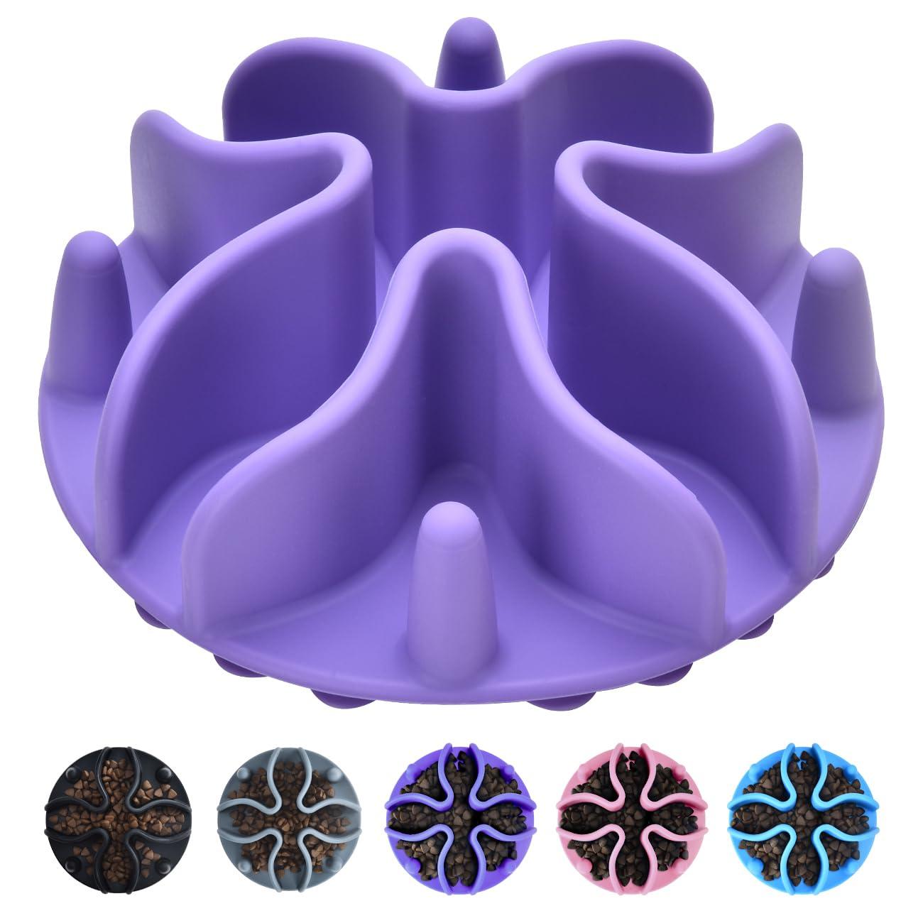 Slow Feeder Dog Bowls Insert, Silicone Slow Feeder Bowl with Strong Suction Cups Perfect for Stainless Steel Glass Ceramic Dog Bowls (Purple, Small Size)