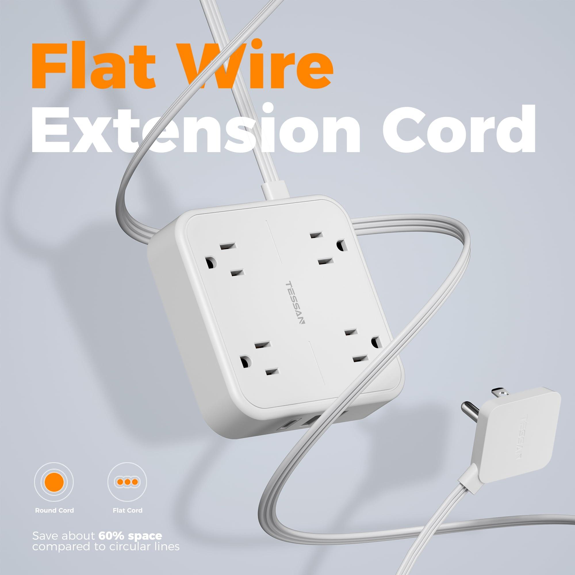 Surge Protector Flat Extension Cord 5FT, TESSAN Flat Plug Power Strip with 4 Outlets 3 USB C Ports (1 USB C), 900 Joules Protection, Multiple Wall Outlet Extender Suitable for Home Office Dorm, White - Image 6