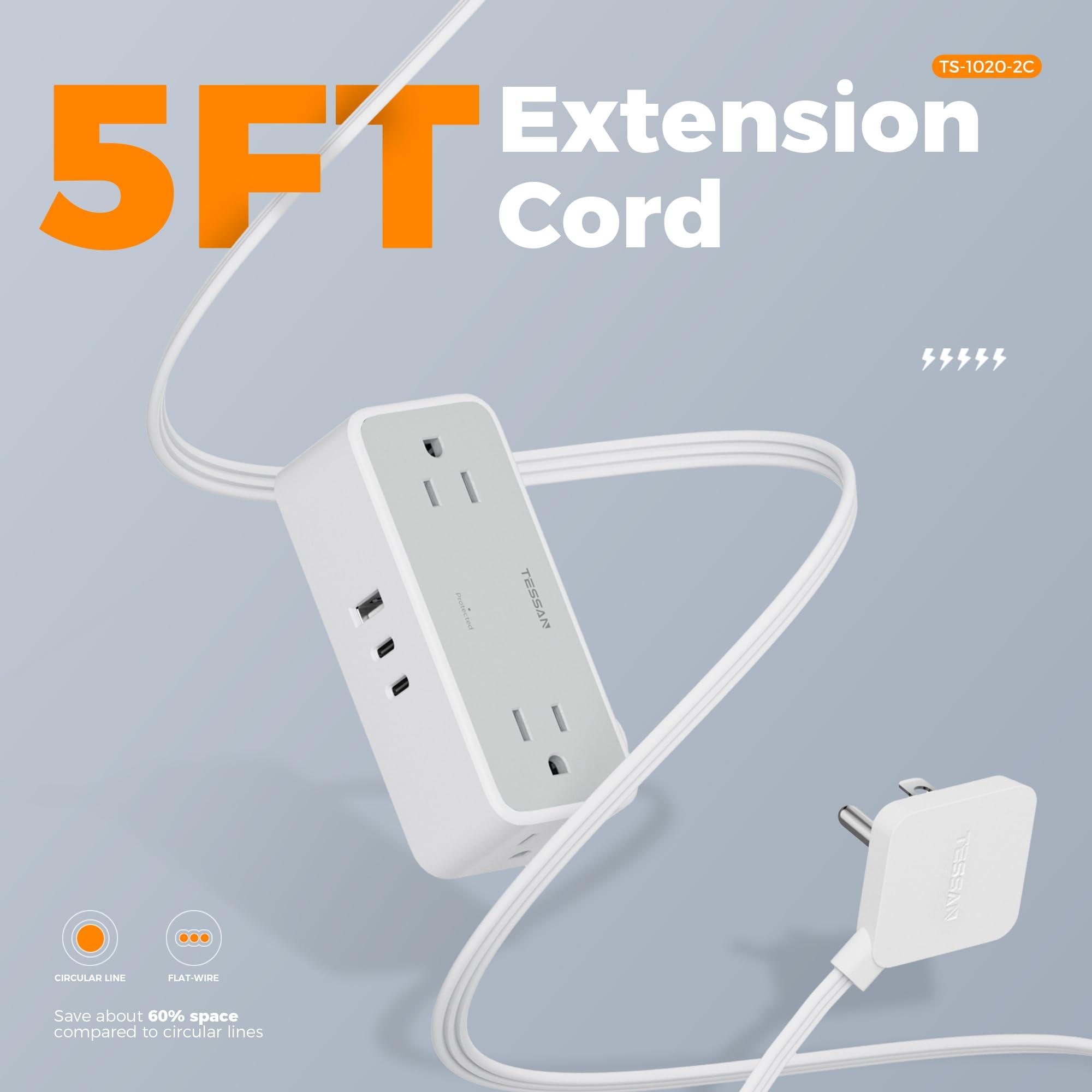 Flat Plug Extension Cord 5 FT, TESSAN Surge Protector Power Strip with 4 AC Outlets 3 USB Ports(2 USB C), 900 Joules Protection, Suitable for Home Office Dorm, Desk Organizers and Accessories - Image 8