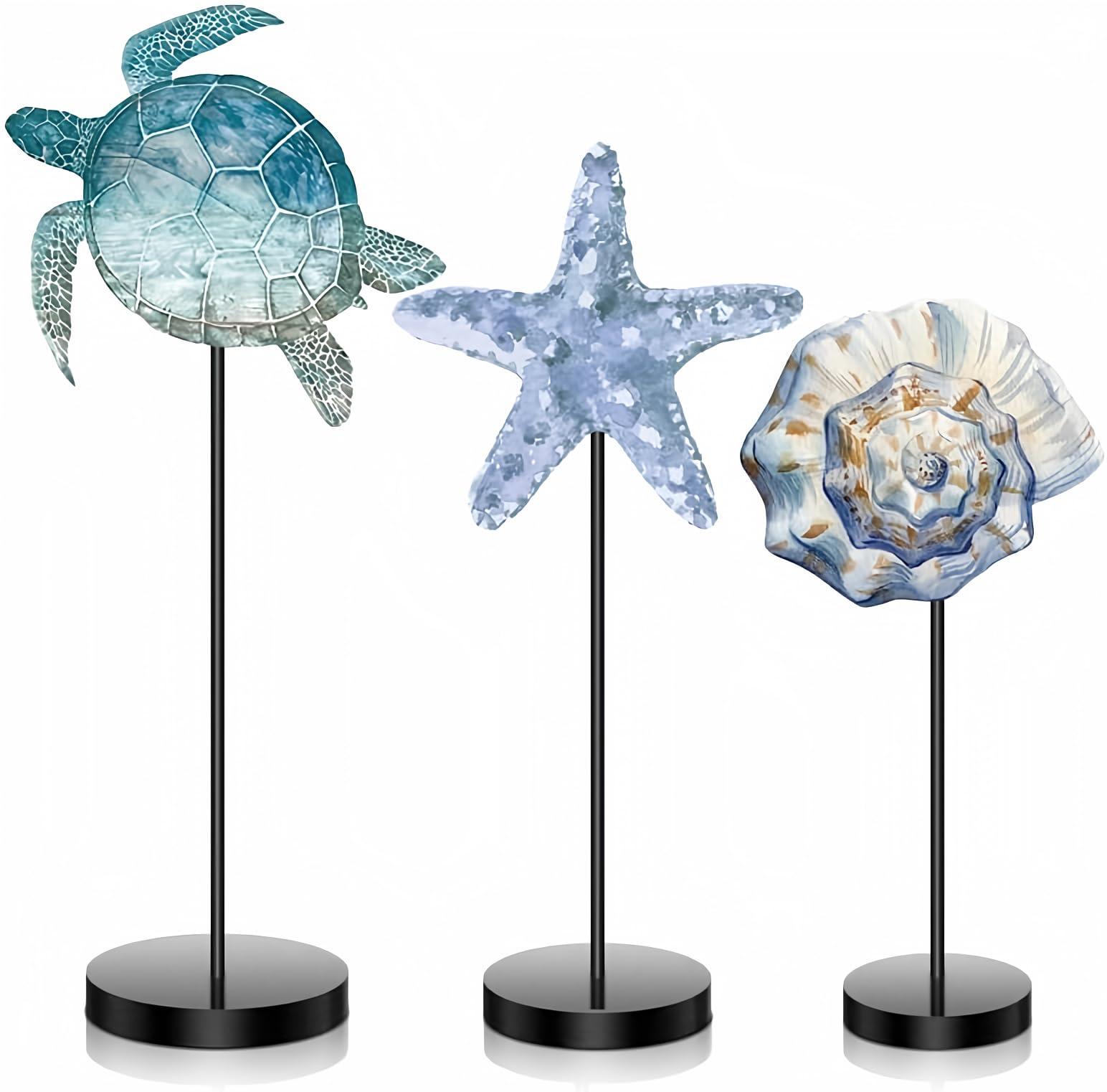 Maitys 3 Pcs Summer Ocean Tabletop Decor Standing Sea Turtle Lemon Ladybug Easter Bunny Block Wooden Table Centerpiece Sign Coastal Beach Nautical Table Decor for Home Kitchen(Ocean)