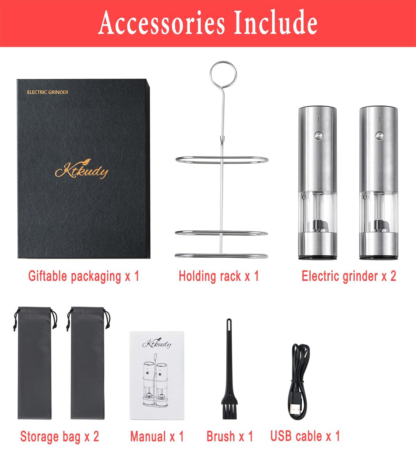 Rechargeable Electric Salt and Pepper Grinder Set with Holder - Nicely Packaged Giftable - No Battery Needed - Automatic Pepper Mill & Adjustable Coarseness & LED Light Refillable - Stainless Steel - Image 7
