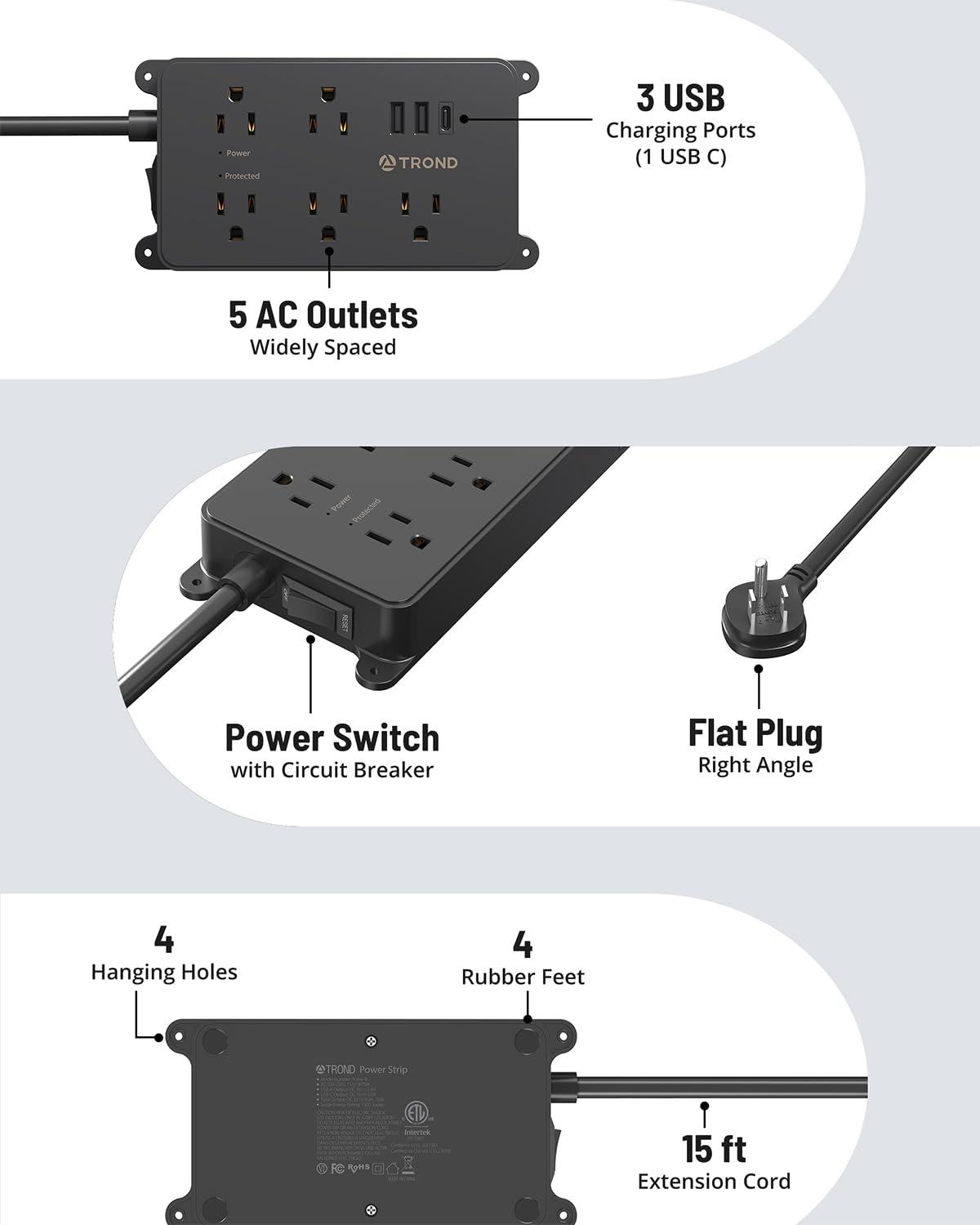 TROND Surge Protector Power Strip, 15ft Long Extension Cord, ETL Listed, 5 Widely Spaced AC Outlets, 2 USB A and 1 USB C, 1300J, Low-Profile Flat Plug, Wall Mountable, for Kitchen Office, Black - Image 6