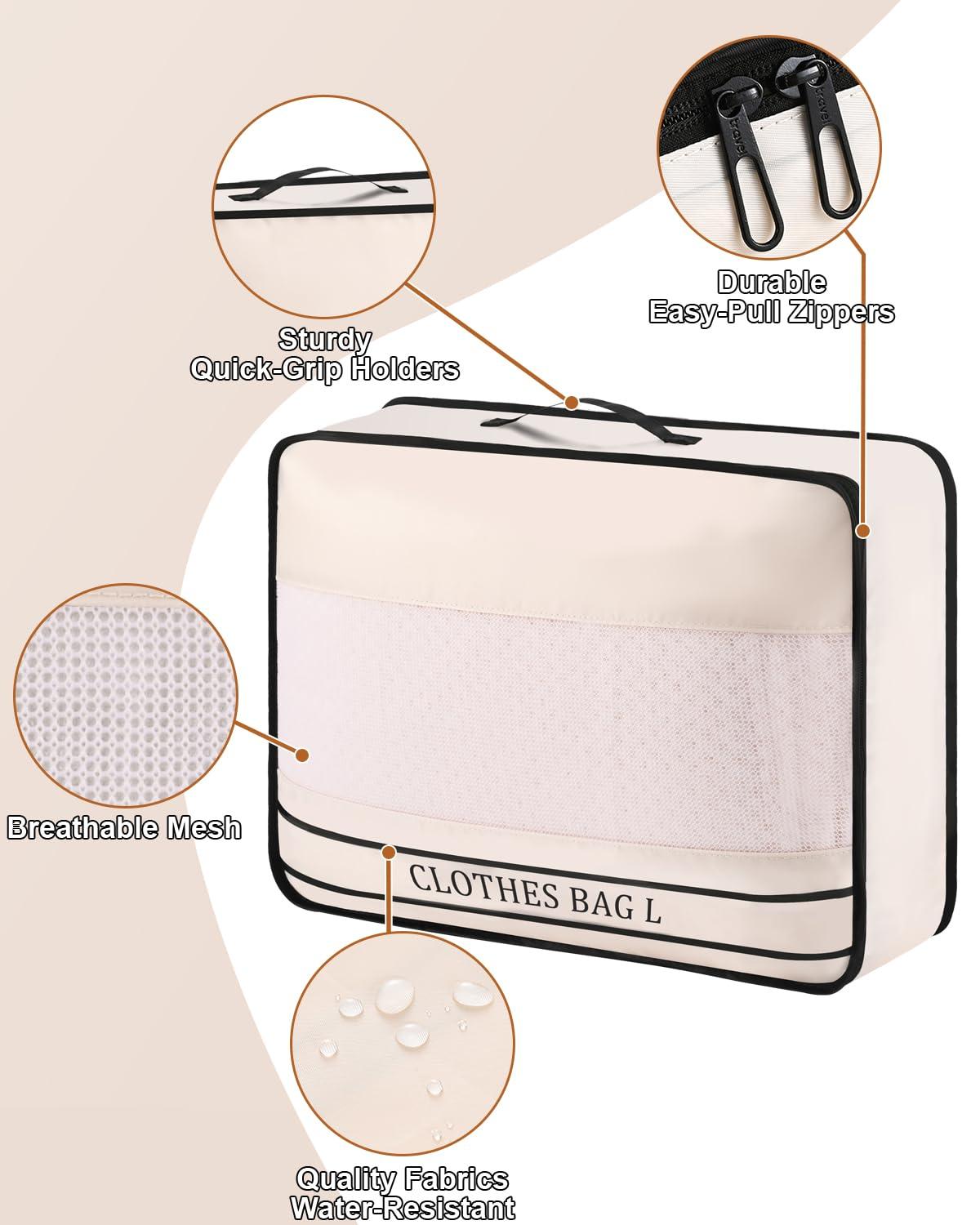 Ougrand 9 Set Packing Cubes Luggage Packing Organizers for Travel Accessories Space Saving Travel Bags for Carry On, Lightweight Mesh Zipper, Clothes, Shoes, Laundry and Shoe Bag, Suitcases (Cream) - Image 5