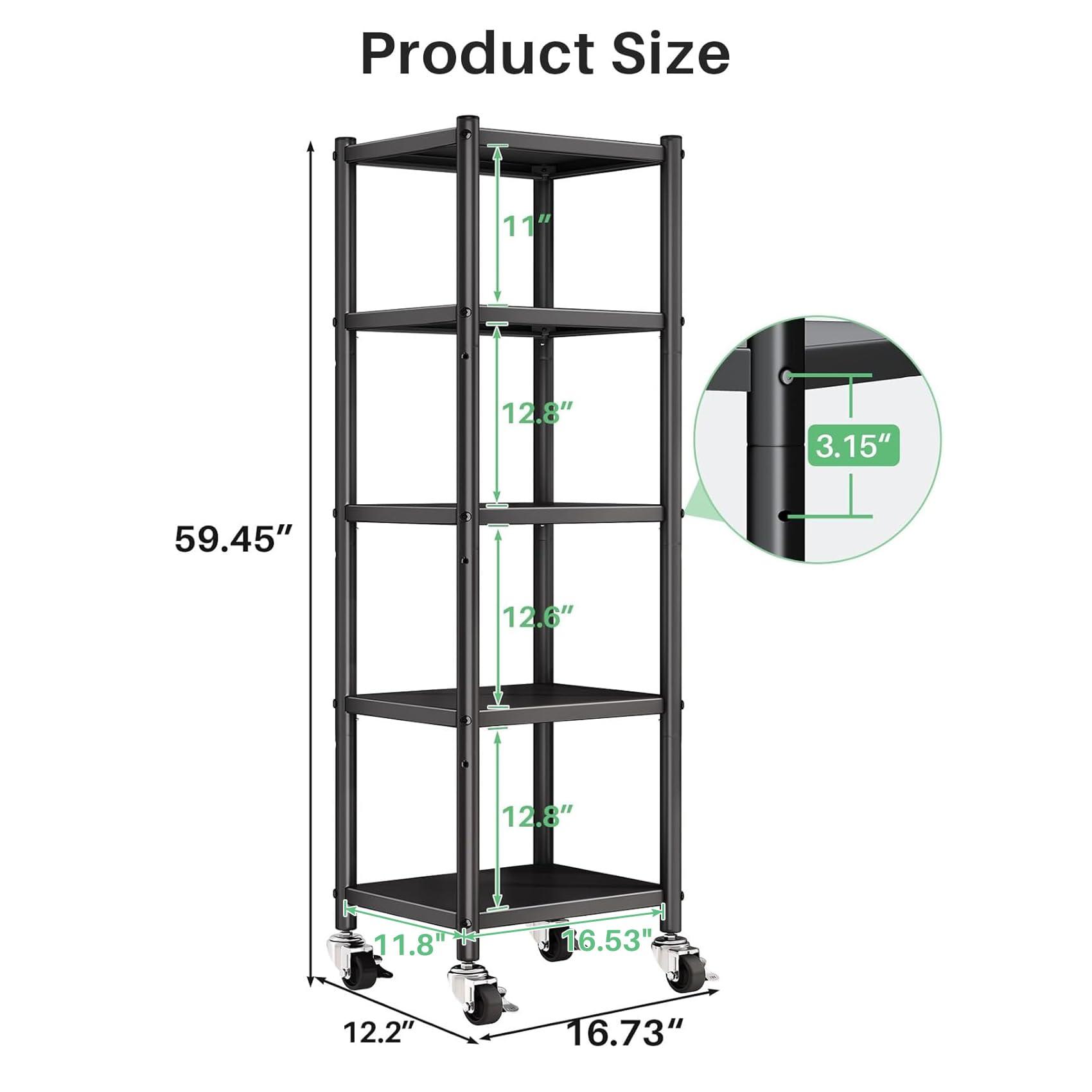 PXRACK 5-Tier Kitchen Storage Shelves, Adjustable Metal Shelves for Storage Pantry Shelves with Rolling Wheels, Storage Rack Shelving Unit Organizer for Bedroom Laundry Closet - Image 2