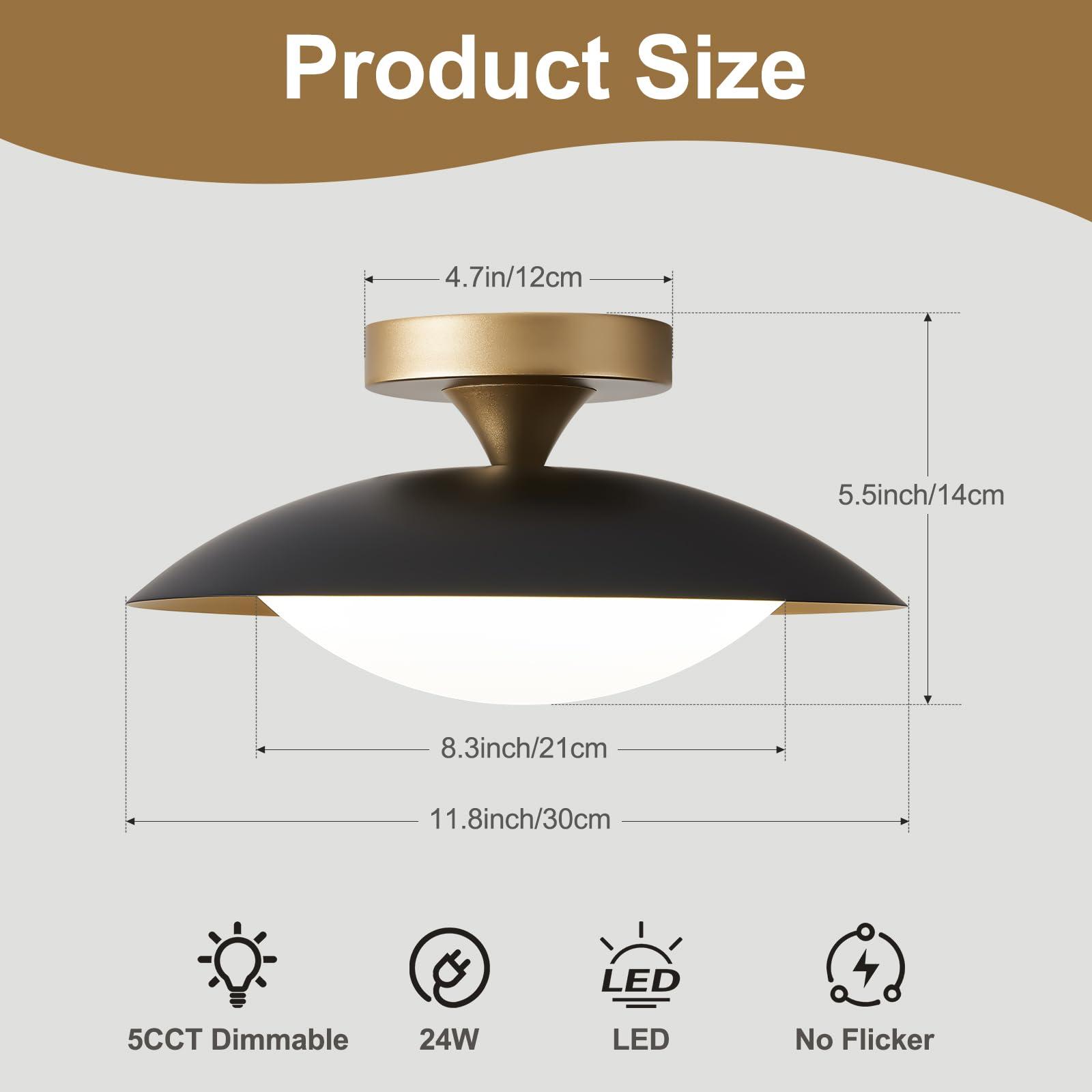 Dimmable Modern Mid-Century Ceiling Light, Black and Gold LED Semi Flush Mount Ceiling Light, 5CCT 2700K-6000K Lighting Fixture Ceiling Lamp with Acrylic Shade for Bedroom Hallway Kitchen, 11.8in - Image 9