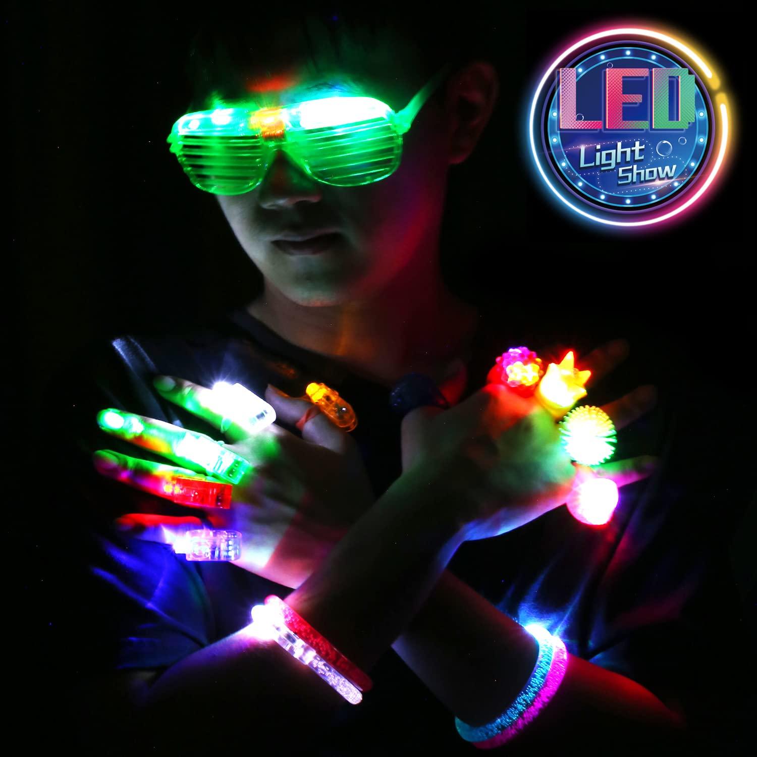 78PCs LED Light Up Toy Party Favors/Supplies Bulk Glow In The Dark For Adult Kids Birthday Halloween With 50 Finger Light, 12 Jelly Ring, 6 Flashing Glasses, 5 Bracelet, 5 Fiber Optic Hair Light - Image 7