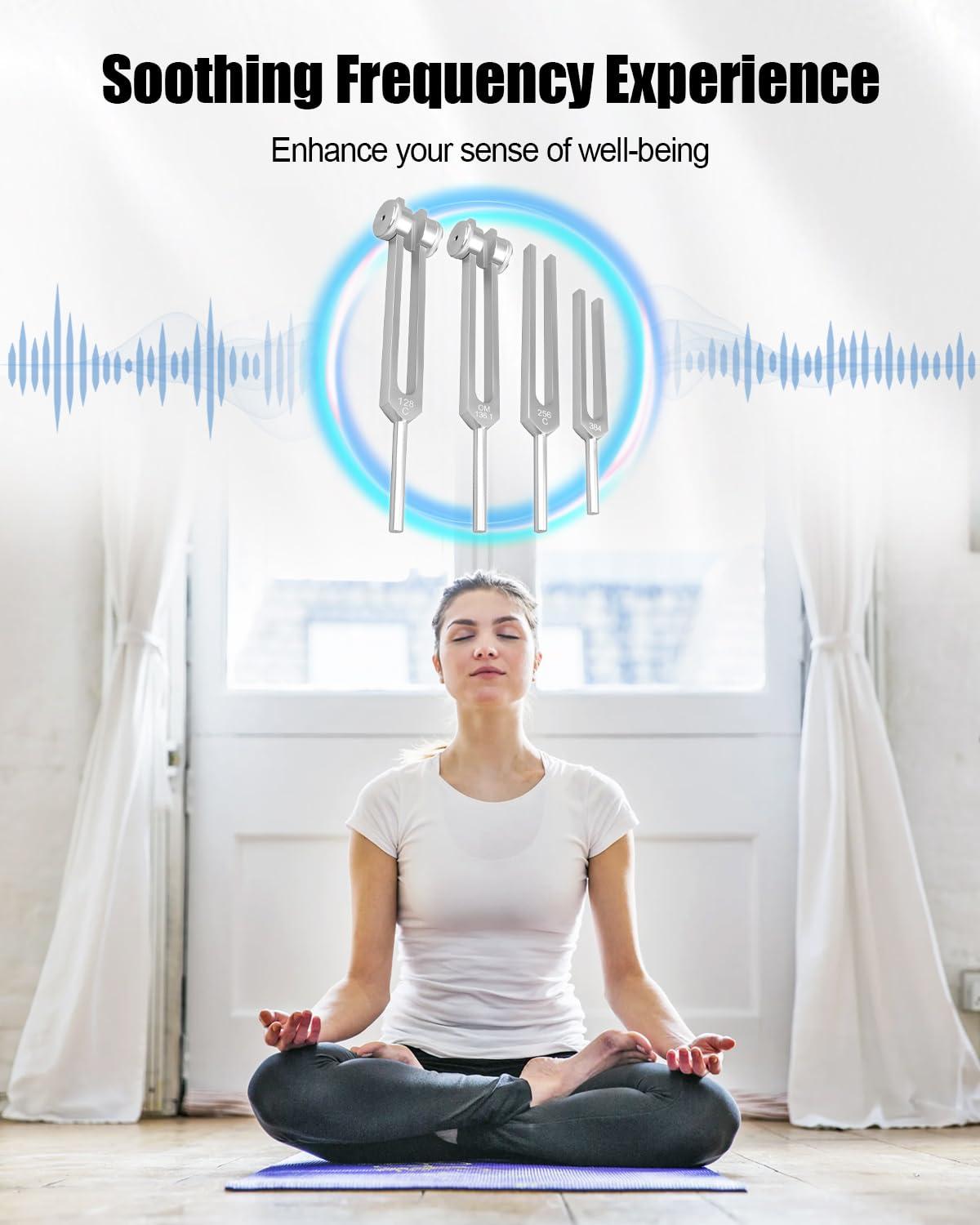 TIKSCIENCE Resonance Tuning Forks for Healing Set Inlcuding c128Hz om136.1Hz c256Hz 384Hz Hockey Puck Activator, Chakra Sound Therapy Instruments Tuning Fork Set - Image 2