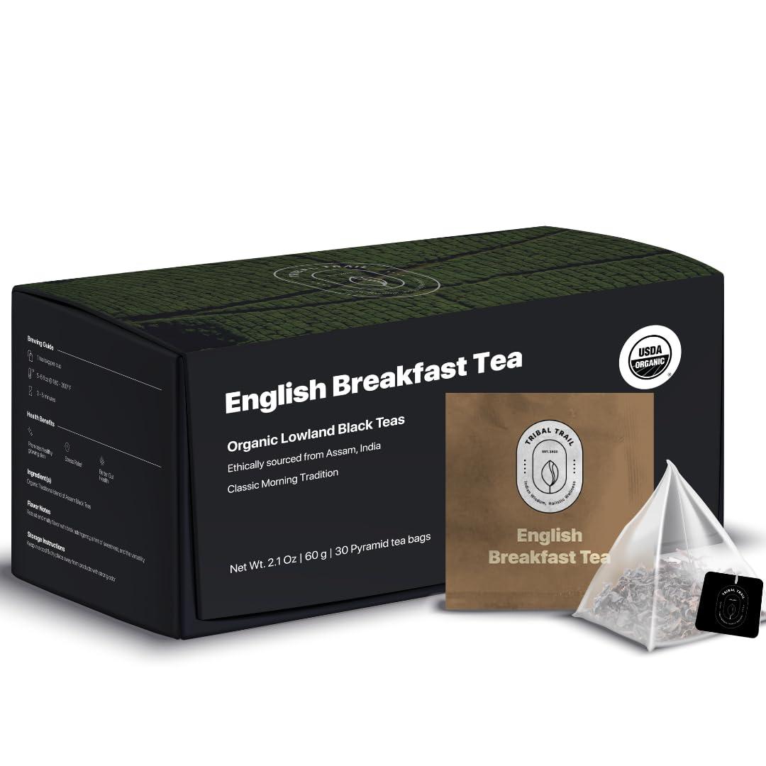 Tribal Trail Organic English Breakfast Tea Bags (30 count / 2.12 oz) | USDA Organic & Non-GMO | Artisanal Black Tea from Assam, India | Recyclable Pyramid Tea Bags