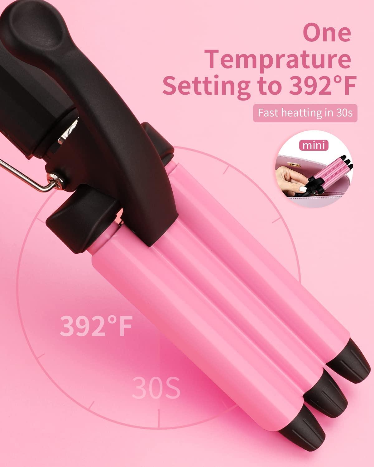 Mini 3 Barrel Curling Iron, Dual Voltage Triple Barrel Hair Waver for Home and Travel, Ceramic Tourmaline 1/2 Inch, Pink - Image 3