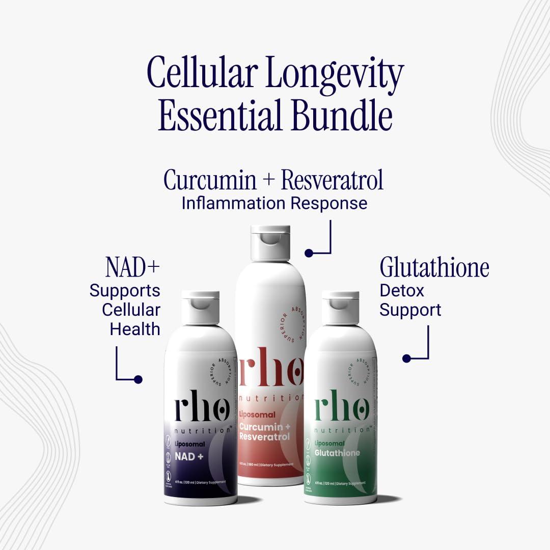 Rho Nutrition - Cellular Longevity Essentials Bundle – Ultra High Absorption Liquid Liposomal Supplements for Healthy Aging & Cellular Support - NAD+, Curcumin + Resveratrol, & Glutathione (3 Pack) - Image 2