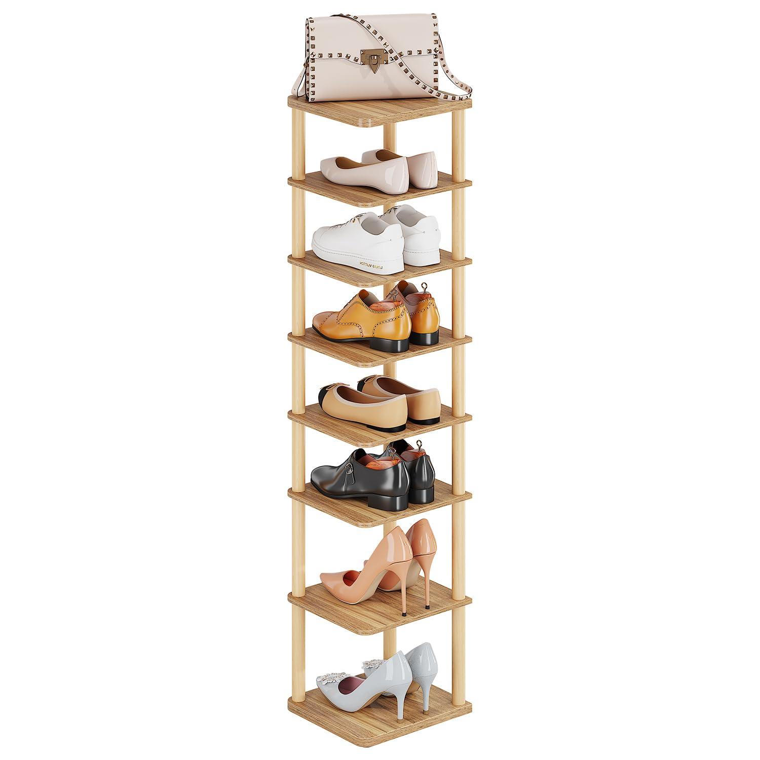 LUCKNOCK Vertical Shoe Rack, 8-Tier Tall Narrow Shoe Organizer for Entryway, Closet, Dorm & Small Spaces, Freestanding Wooden Shoe Shelf Tower for Boots, Sneakers, Heels. (Walnut) - Image 3