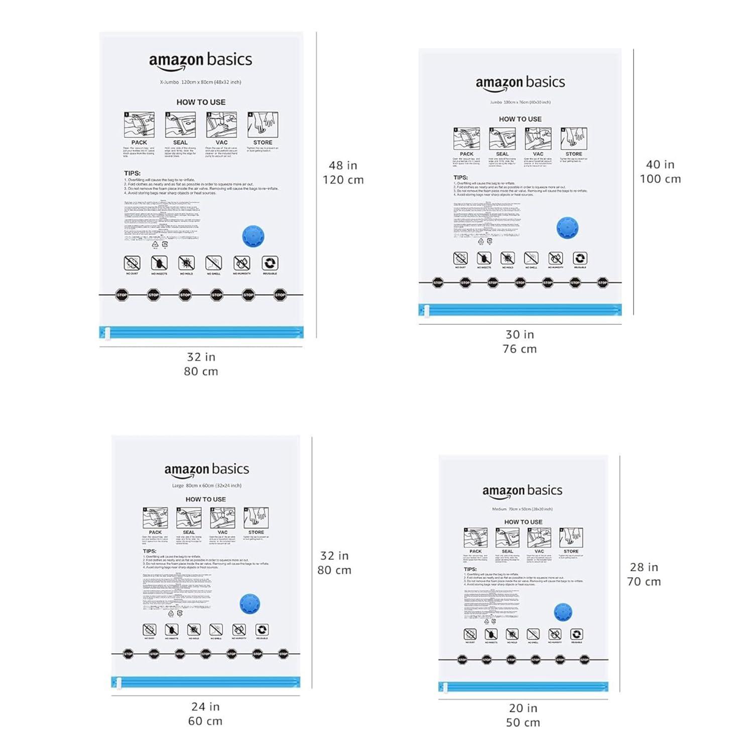 Amazon Basics Vacuum Compression Space Saving Storage Bags with Hand Pump for Travel, Multiple Sizes for Clothes and Blankets, Clear, 12 Pack (3 Small, 3 Medium, 3 Large & 3 Jumbo) - Image 3