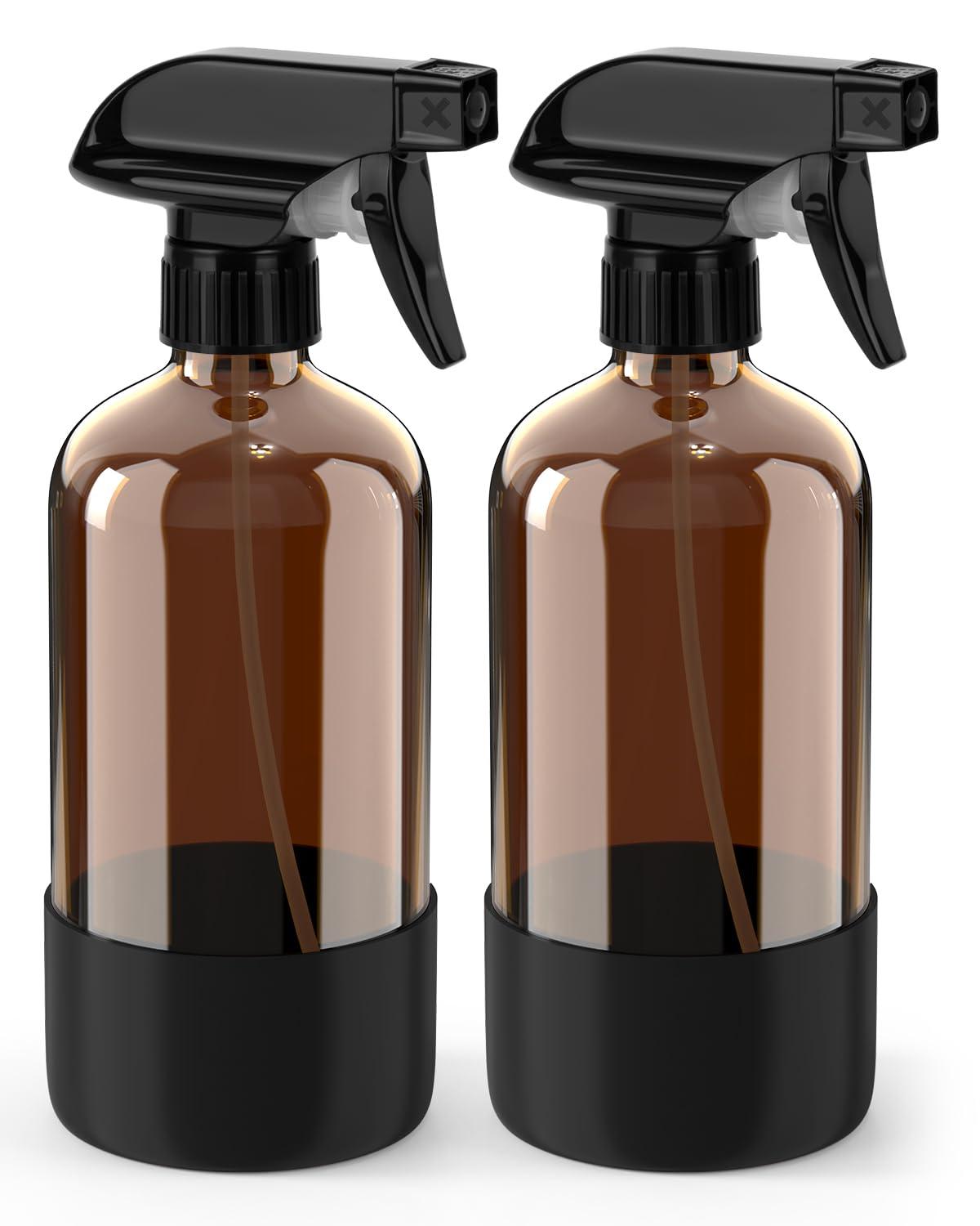 Glass Spray Bottle with Silicone Sleeve Protection, Amber Glass Spray Bottle Set for Non-toxic Window Cleaner Aromatherapy Facial Hydration Watering Flowers Hair Care 2 Pack/16 oz (Black) - Image 1