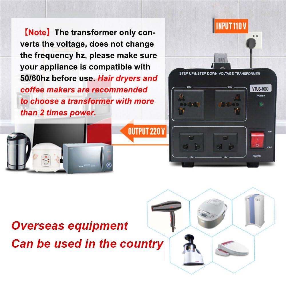 Yinleader 1000W Voltage Converter Transformer(110V to 220V OR 220V to 110V) 1000 Watt Step Up/Down Converter 110/120 Volt - 220/240 Volt w/US Power Cord,Circuit Breaker Protection (VTUS-1000) - Image 2