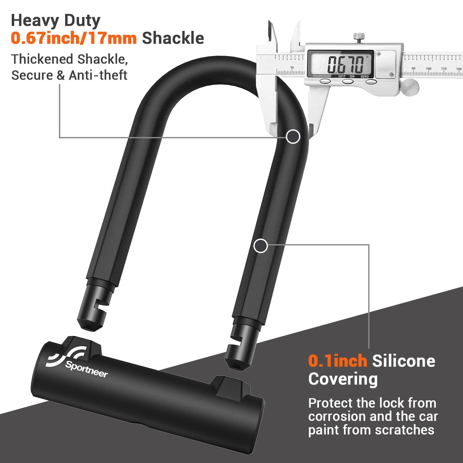 Sportneer Bike Lock: Heavy Duty Anti Theft Bike U Lock with 5ft Security Steel Cable - 17mm Shackle Bicycle U-Locks with Keys & Sturdy Mounting Bracket for Road, Mountain, Electric & Folding Bike - Image 3