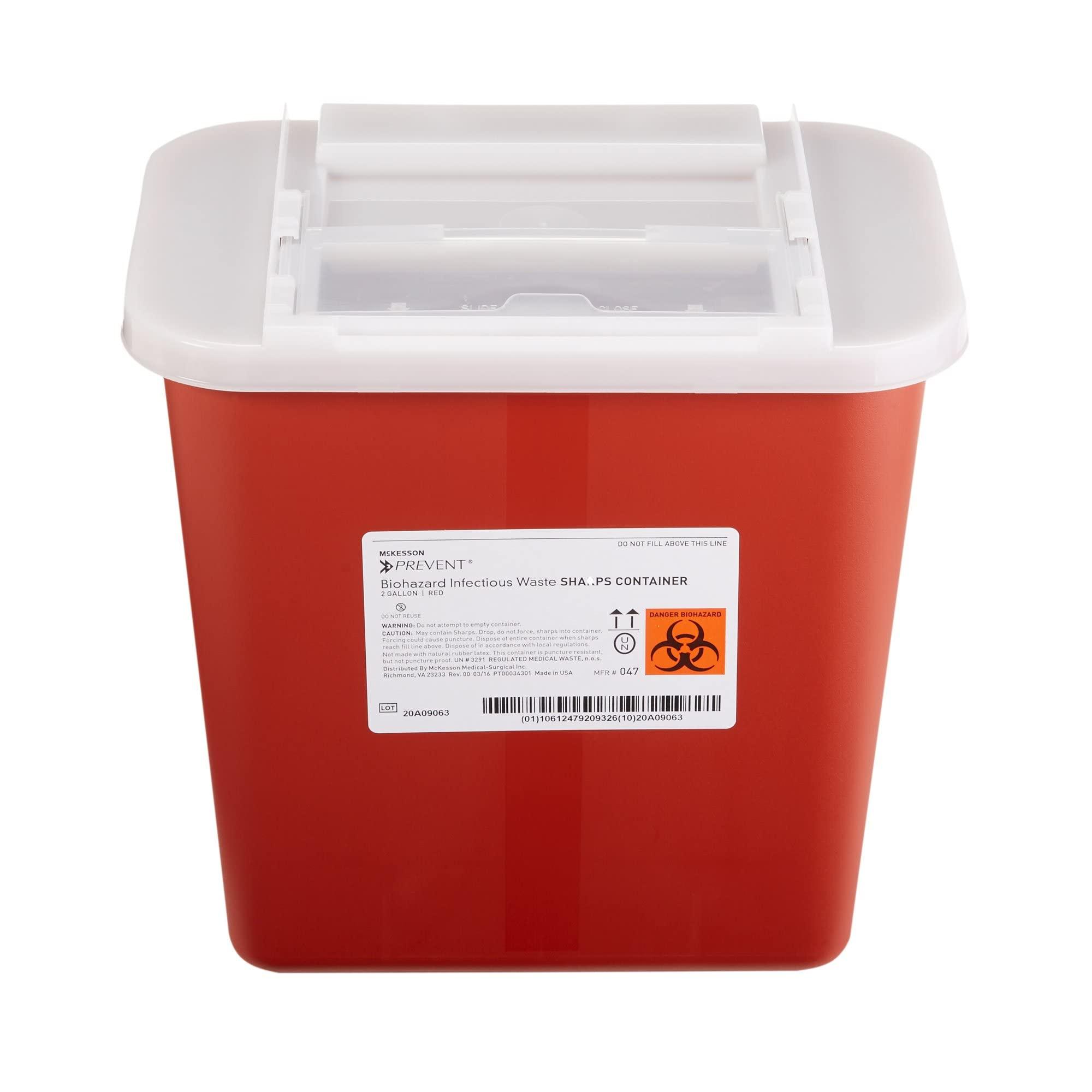 McKesson Prevent Biohazard Infectious Waste Sharps Container - Plastic, Horizontal Entry, Translucent Sliding Lid - Red, 2 gal, 7 in x 10 1/2 in x 10 1/4 in, 20 Count