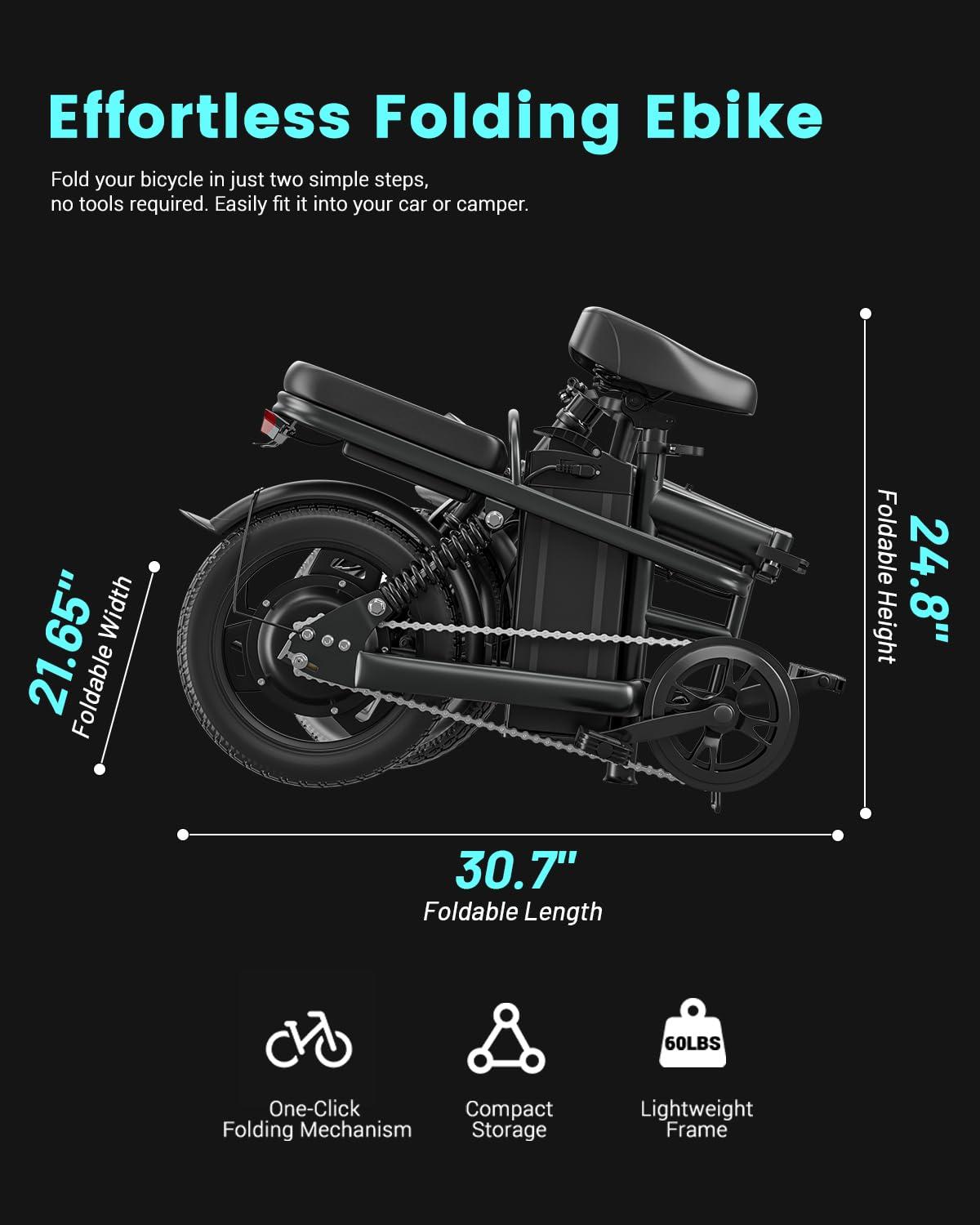 Favoto Folding Electric Bike with Removable 499Wh Battery - 400W Power(Peak 600W Brushless Motor) 48V, Multiple Suspension Foldable Ebike,3-Speed, Mini E Bikes 14" Tires for Adults/Teens - Image 9