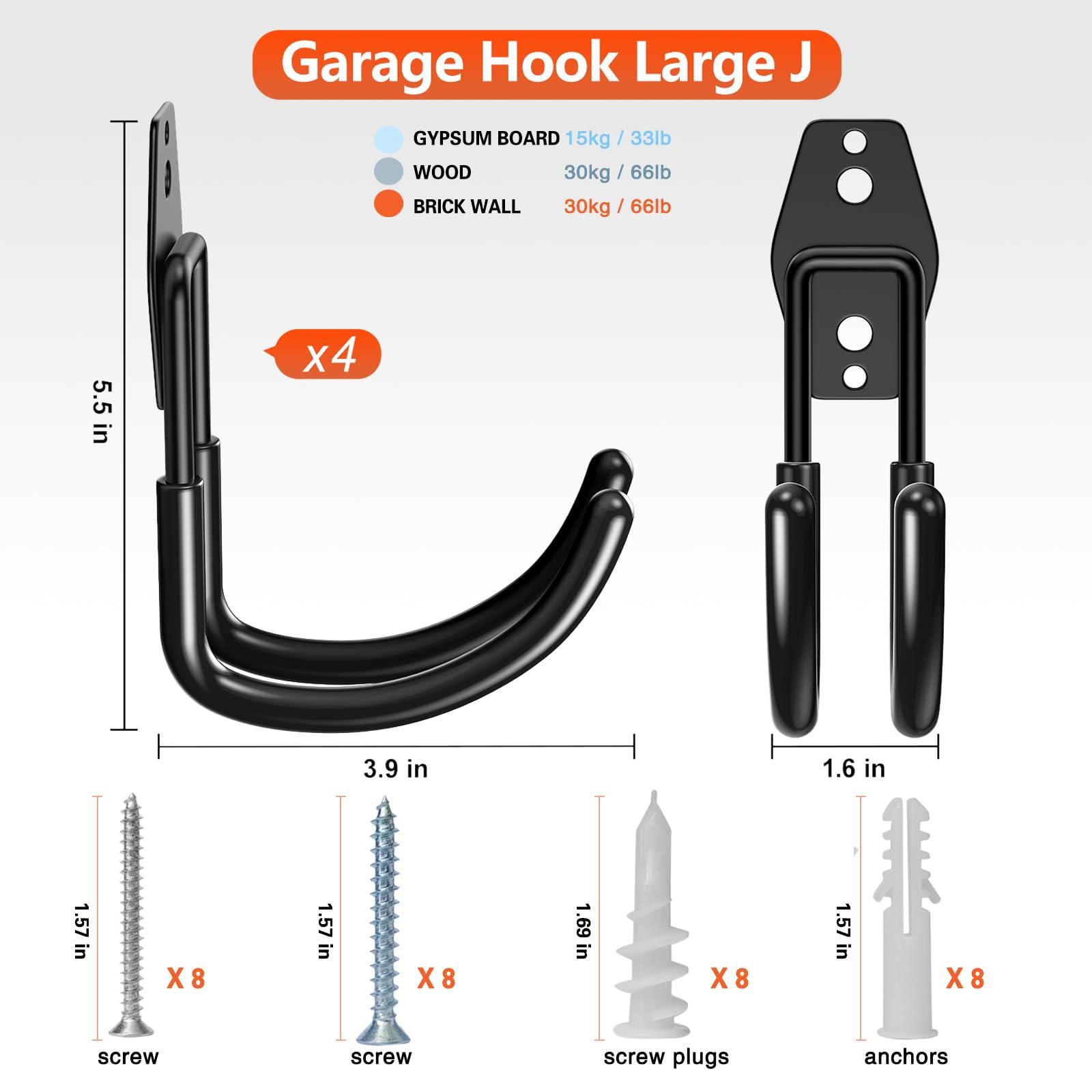HUPBIPY Heavy Duty Garage Hooks 4 Pack, J Shaped Hanger, Wall Mounted Storage System, Power and Garden Tool Organizer, for Hanging Ladders, Bikes Tires, Hose, Bulk Items - Image 2